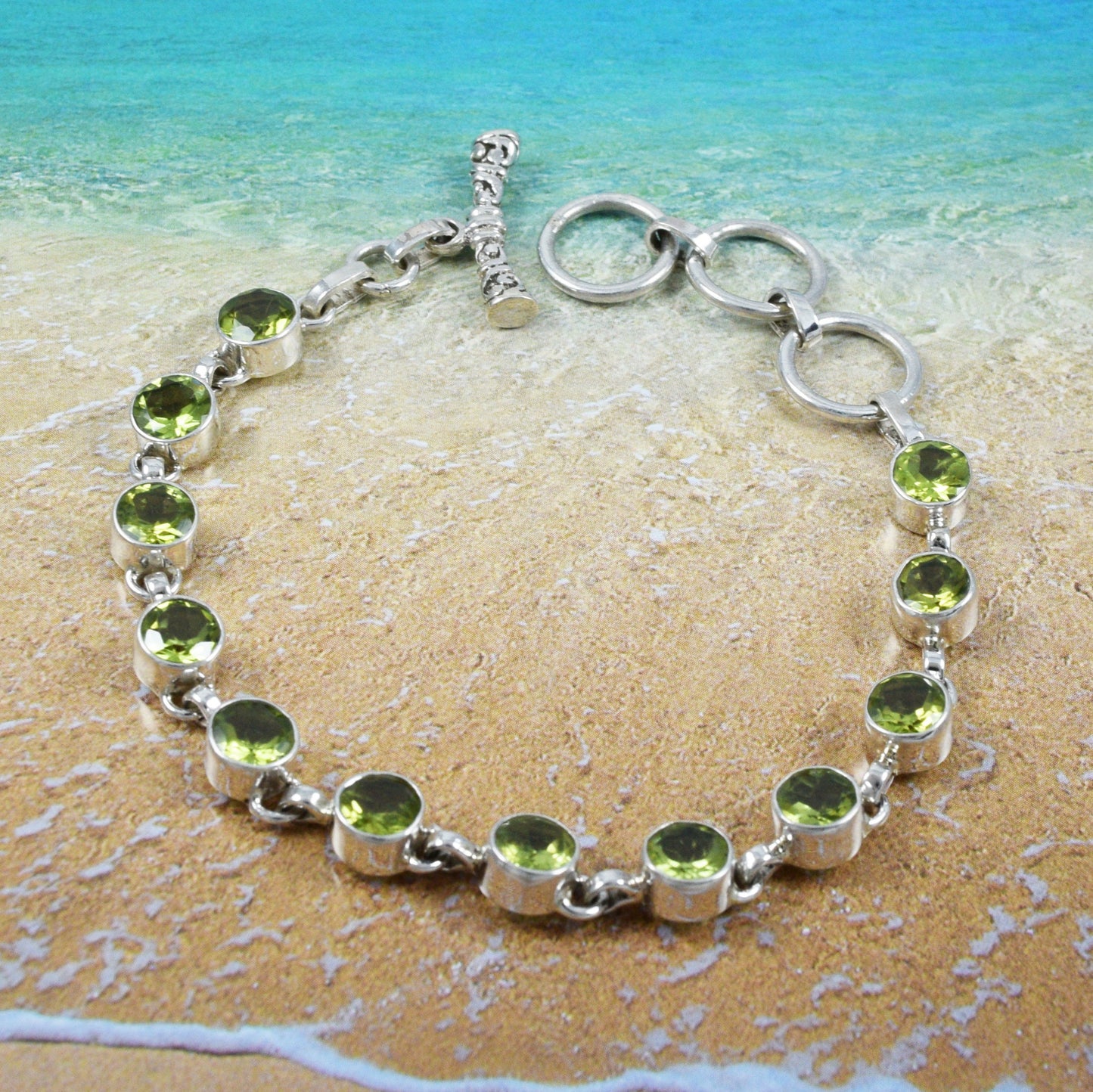 Hawaiian Genuine Green Peridot Round-Cut Bracelet, Sterling Silver Green Peridot Bracelet, Christmas Anniversary Birthday Mom Gift