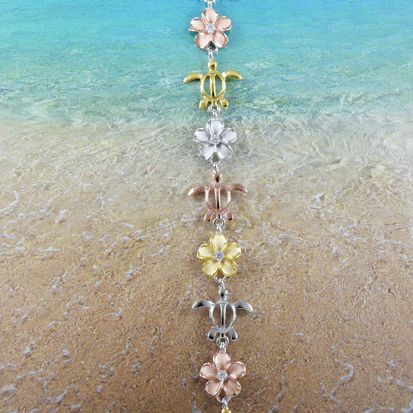 Adjustable Hawaiian Tri-color Sea Turtle Plumeria Bracelet, Sterling Silver 3-Tone Turtle Flower CZ Bracelet, Christmas Mom Birthday Gift