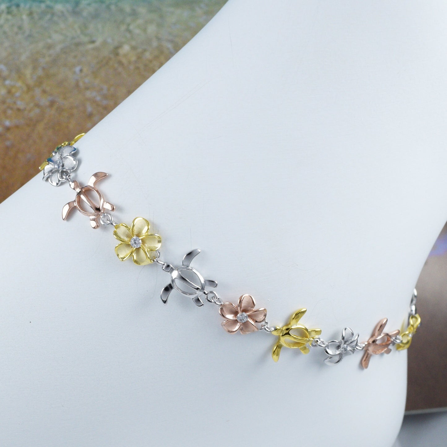 Adjustable Hawaiian Tri-color Sea Turtle Plumeria Bracelet, Sterling Silver 3-Tone Turtle Flower CZ Bracelet, Christmas Mom Birthday Gift