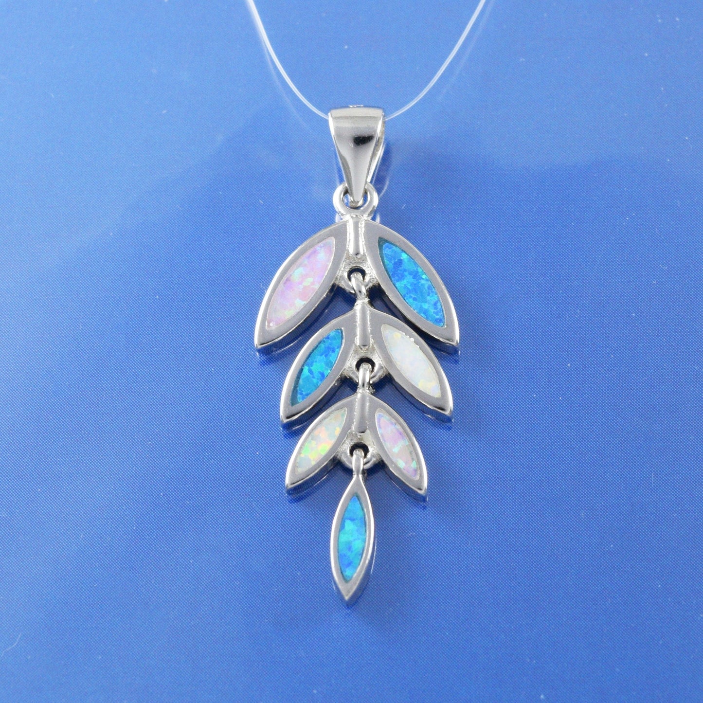 Hawaiian Tri-color Opal Maile Leaf Pendant, Sterling Silver Blue White Pink Opal Maile Leaf Pendant, N8838 Birthday Mom Gift
