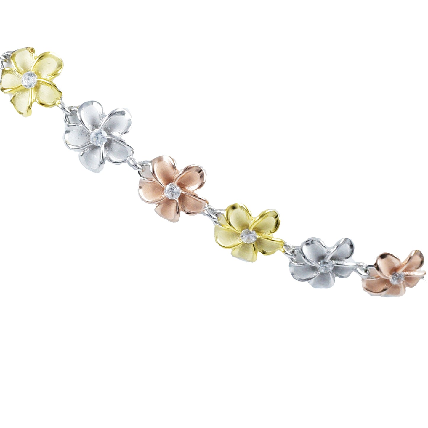Adjustable Hawaiian Tri-color Plumeria Ankle Bracelet, Sterling Silver 3-Tone Plumeria CZ Anklet, Christmas Mother Mom Birthday Gift