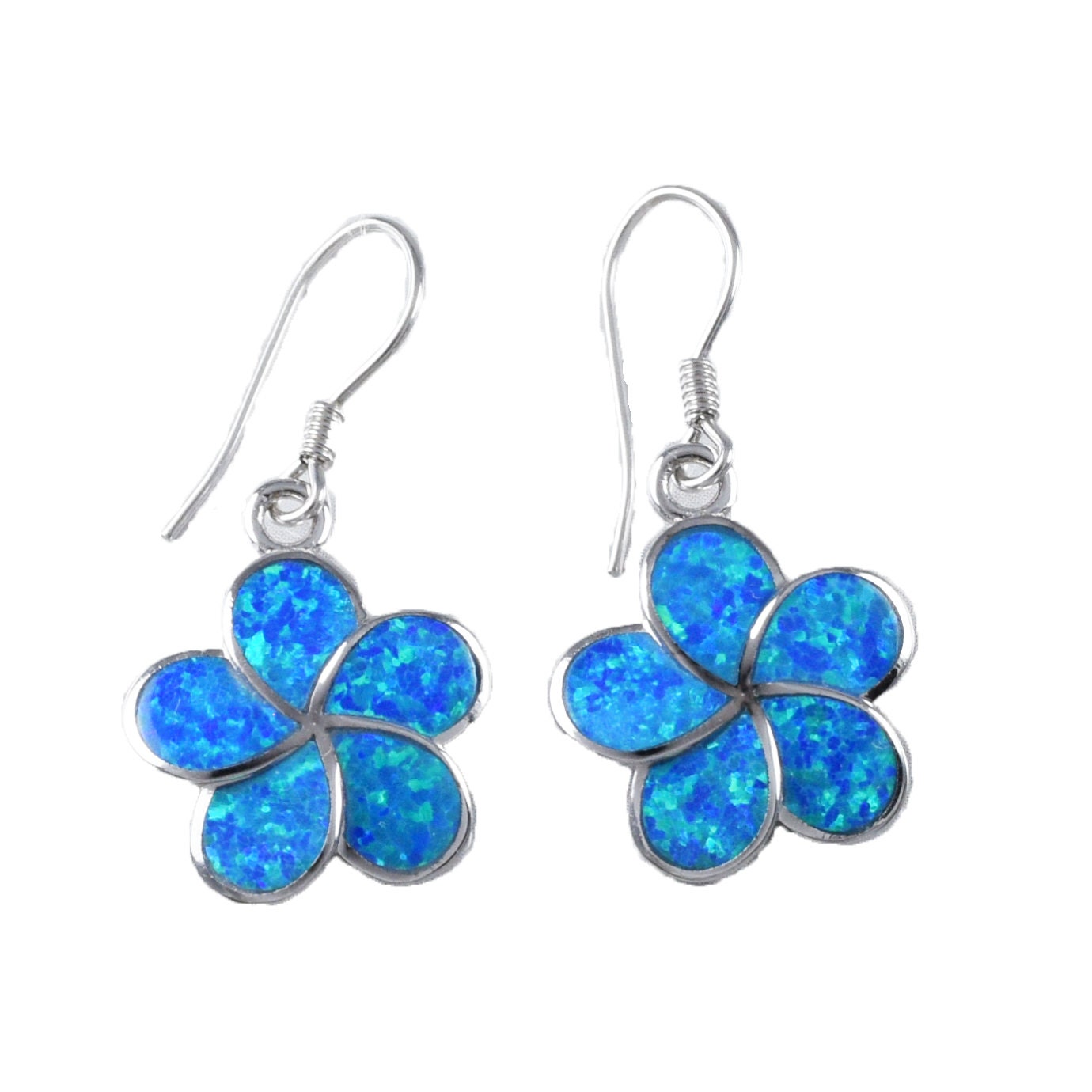 Hawaiian Blue Opal Plumeria Earrings, Sterling Silver Blue Opal Inlay Plumeria Dangle Earrings, Christmas Present Birthday Gift