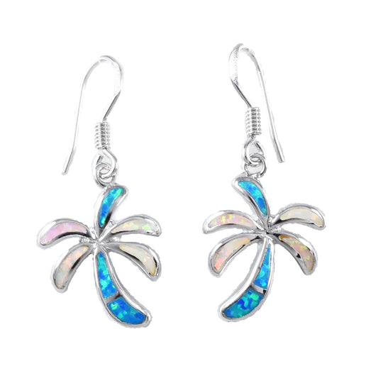 Hawaiian Blue White Pink Opal Palm Tree Earrings, Sterling Silver Opal Palm Tree Dangle Earring, Hawaiian Christmas Mother Mom Birthday Gift