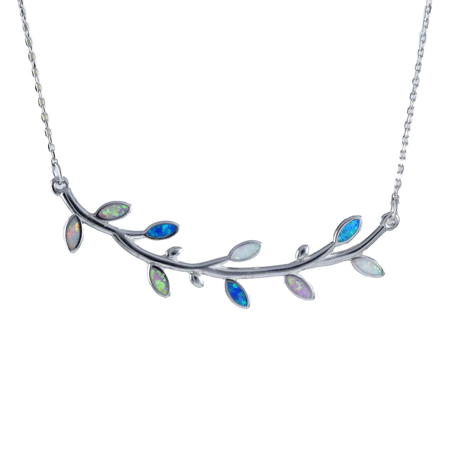 Hawaiian Blue White Pink Opal Maile Leaf Necklace, Sterling Silver Blue Opal Maile Leaf Necklace, Christmas Anniversary Birthday Mom Gift