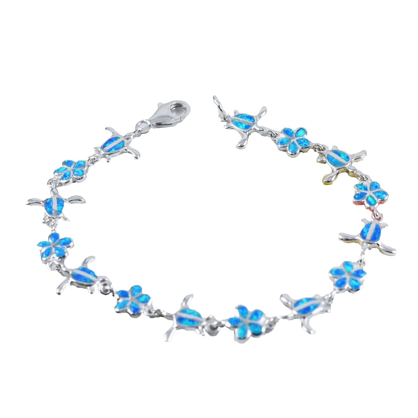 Hawaiian Blue Opal Plumeria Sea Turtle Bracelet, Sterling Silver Sea Turtle Flower Bracelet, Christmas Anniversary Birthday Mom Gift