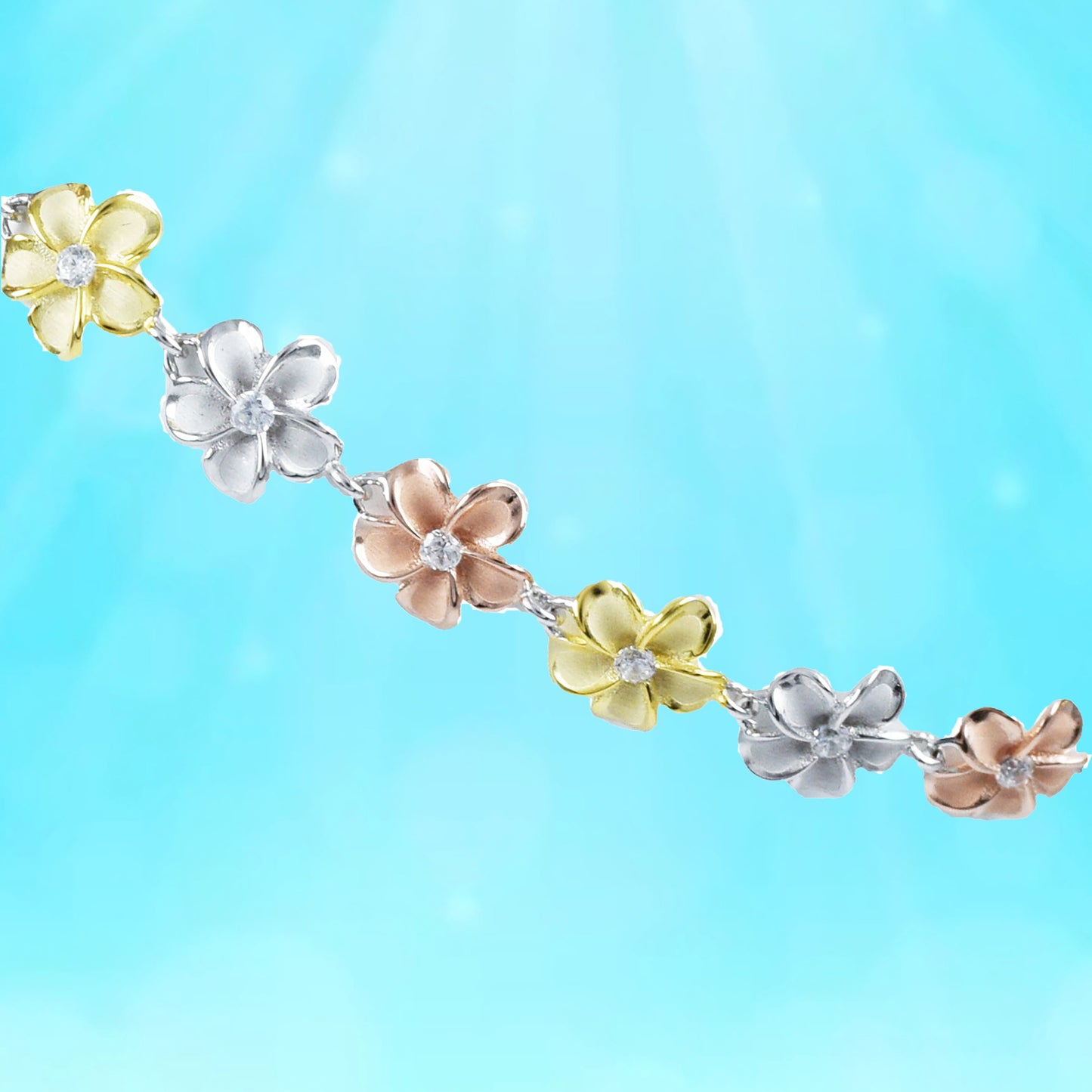 Adjustable Hawaiian Tri-color Plumeria Ankle Bracelet, Sterling Silver 3-Tone Plumeria CZ Anklet, Christmas Mother Mom Birthday Gift
