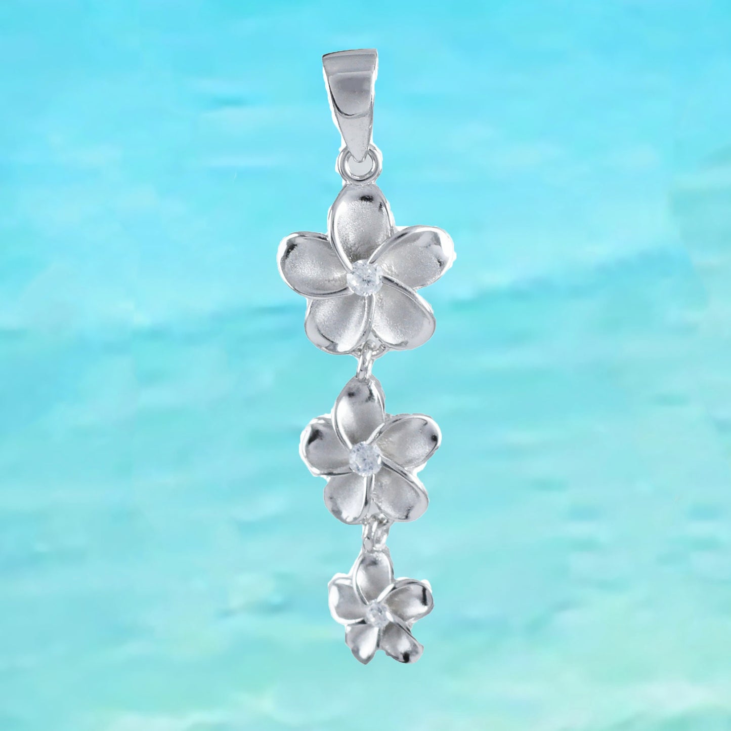Hawaiian 3 Plumeria Pendant, Sterling Silver 3 Plumeria CZ Pendant, Hawaiian Jewelry, Christmas Anniversary Birthday Gift