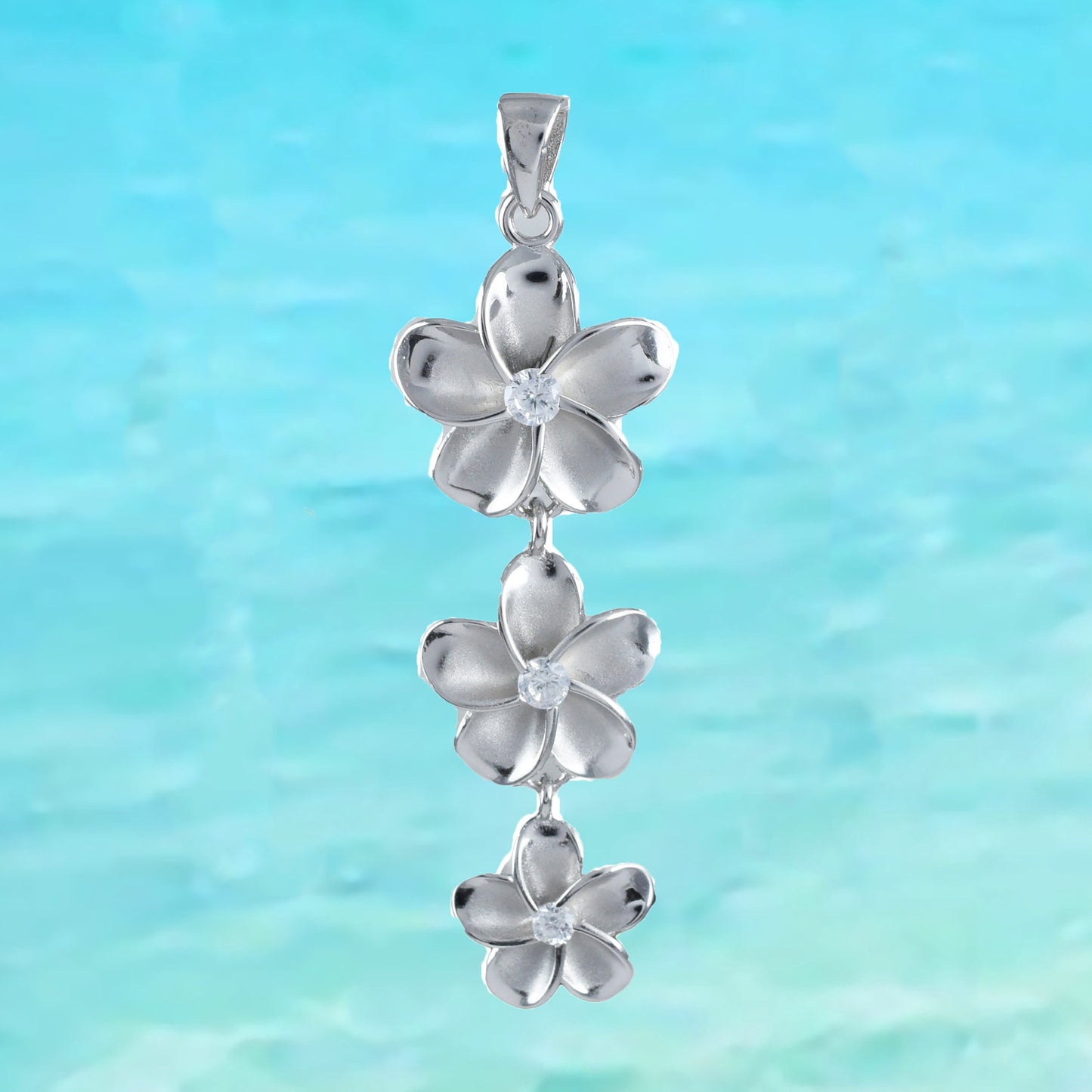 Hawaiian Large 3 Plumeria Pendant, Sterling Silver 3 Plumeria CZ Pendant, Hawaiian Jewelry, Christmas Anniversary Birthday Gift