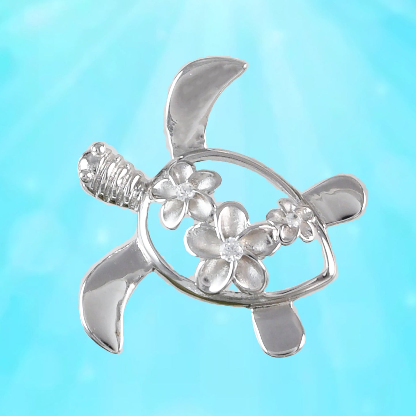 Hawaiian Sea Turtle 3 Plumeria Pendant, Sterling Silver Turtle 3 Plumeria CZ Pendant, Hawaiian Jewelry, Christmas Mom Birthday Gift