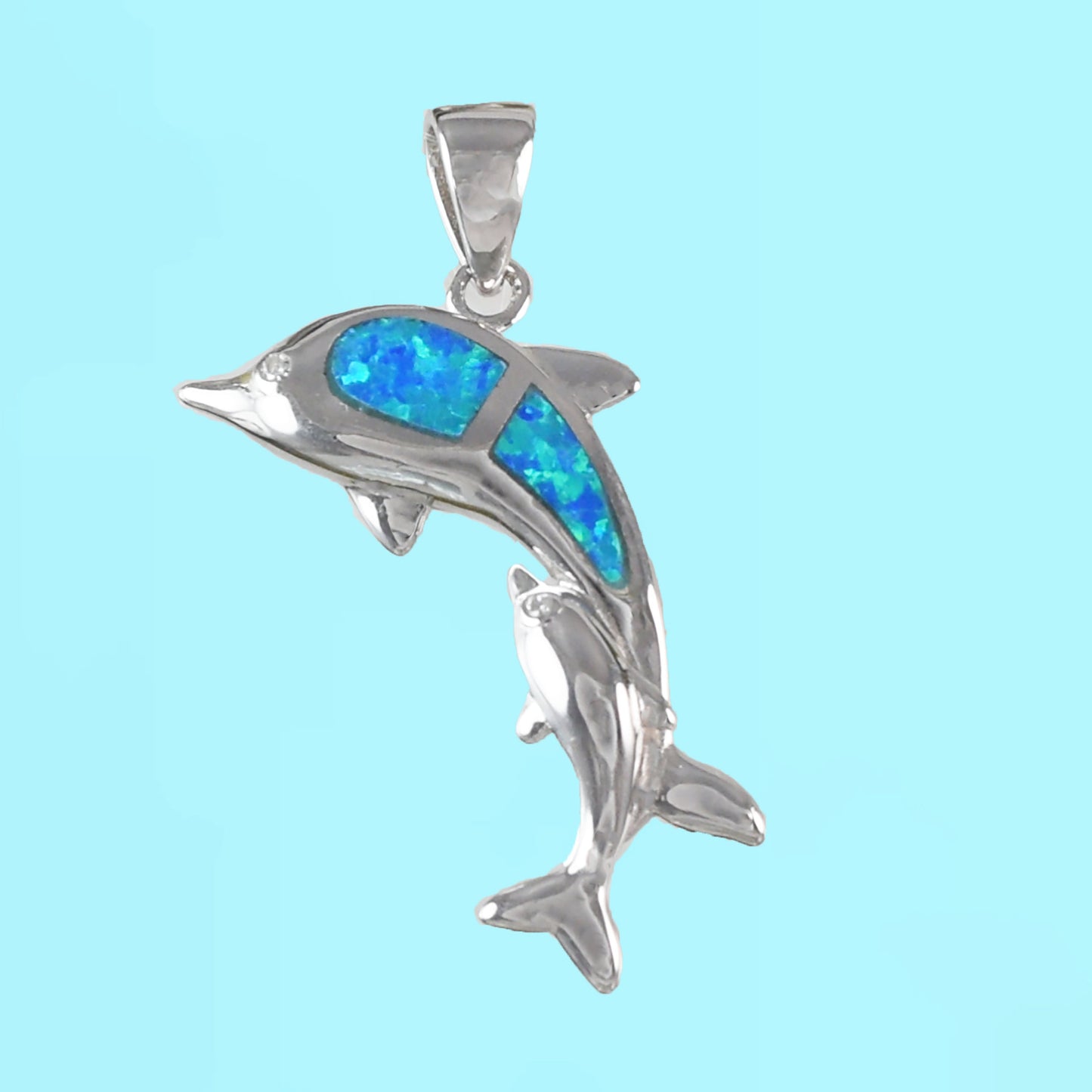 Hawaiian Large Blue Opal Mom & Small Dolphin Pendant, Sterling Silver Blue Opal 2 Dolphin CZ Eye Pendant, Birthday Gift