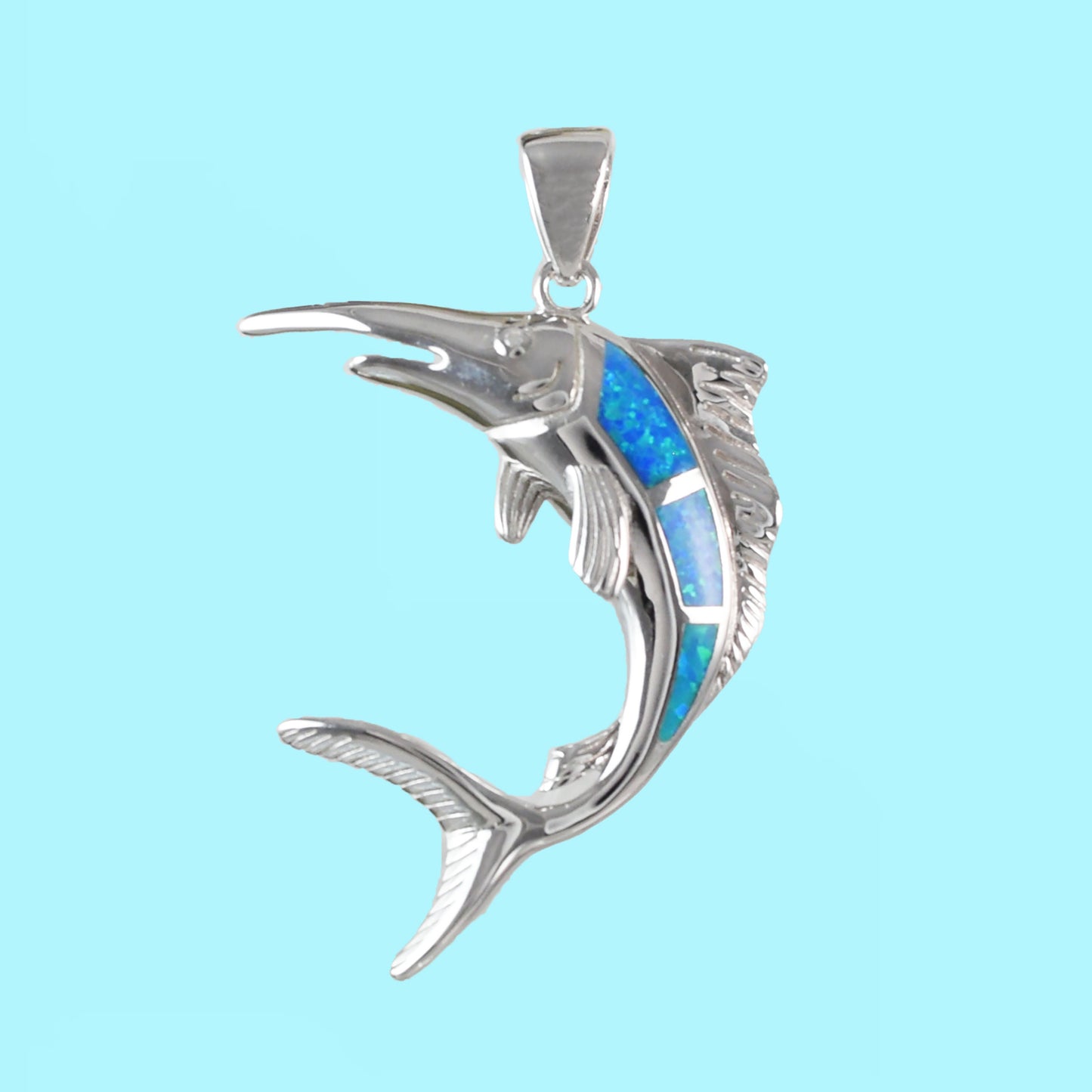 Hawaiian X-Large Blue Opal Marlin Pendant, Sterling Silver Blue Opal Marlin Swordfish Pendant, Christmas Birthday Mom Gift
