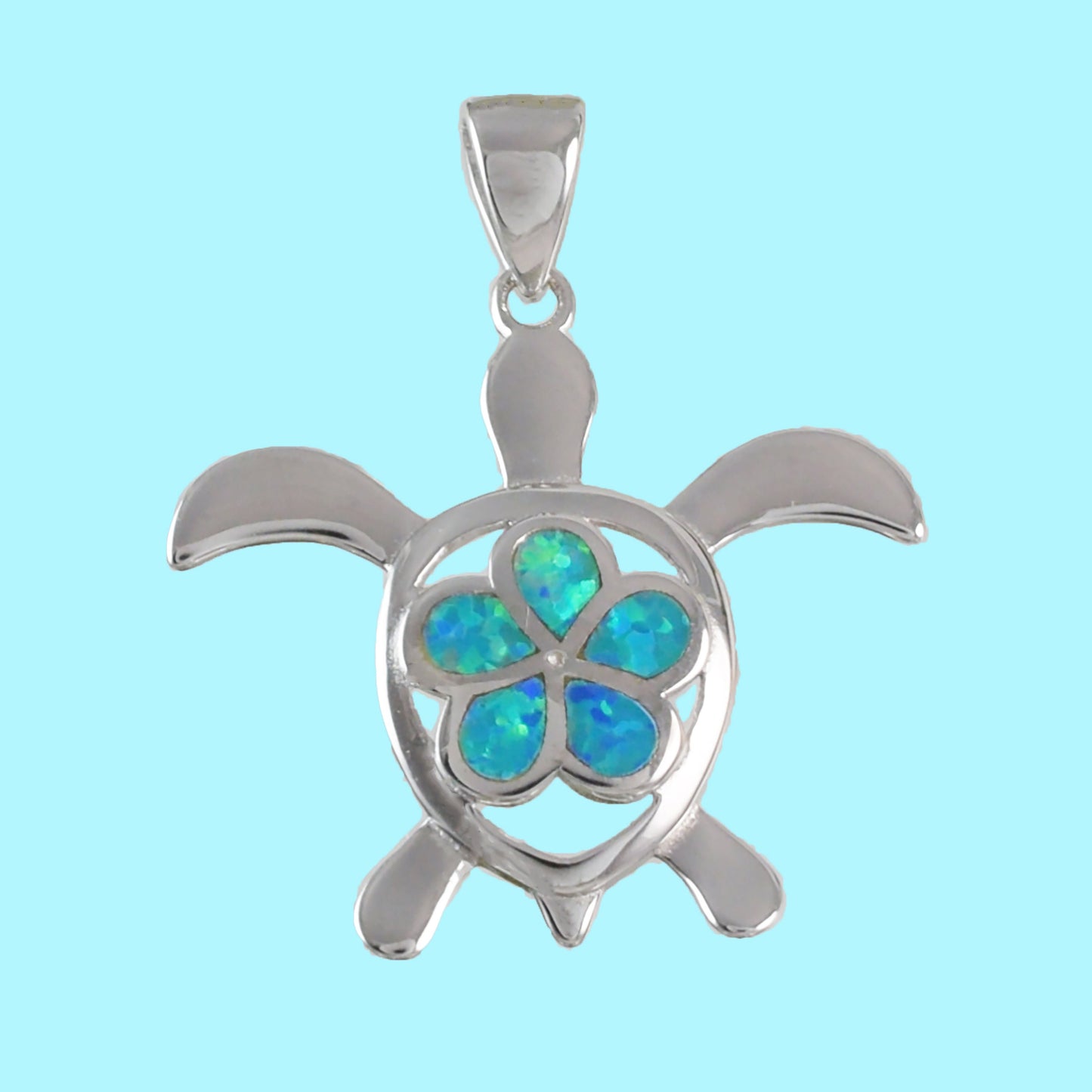 Hawaiian Large Plumeria Sea Turtle Pendant, Sterling Silver Turtle w. Blue Opal Plumeria Pendant, Christmas Birthday Gift