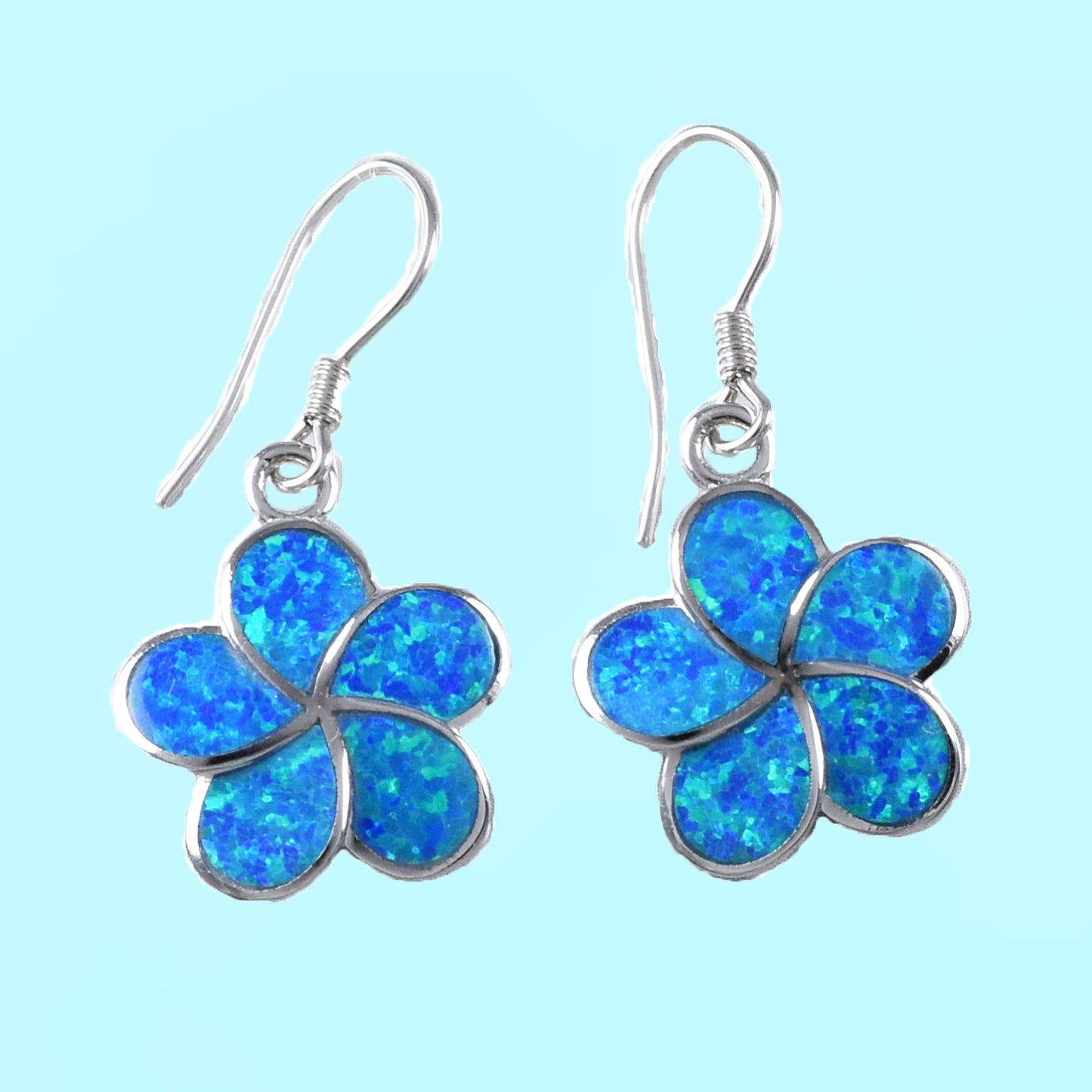 Hawaiian Blue Opal Plumeria Earrings, Sterling Silver Blue Opal Inlay Plumeria Dangle Earrings, Christmas Present Birthday Gift