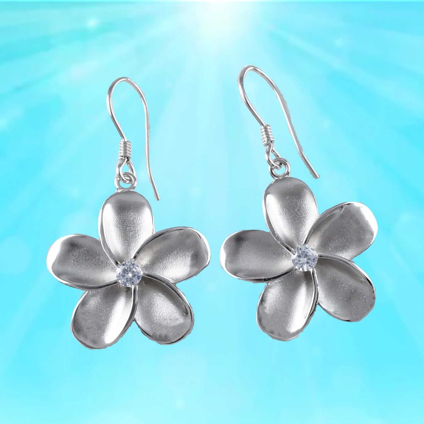 Hawaiian Large Plumeria Earrings, Sterling Silver Plumeria Flower CZ Dangle Earrings, Hawaiian Jewelry, Christmas Mom Birthday Gift