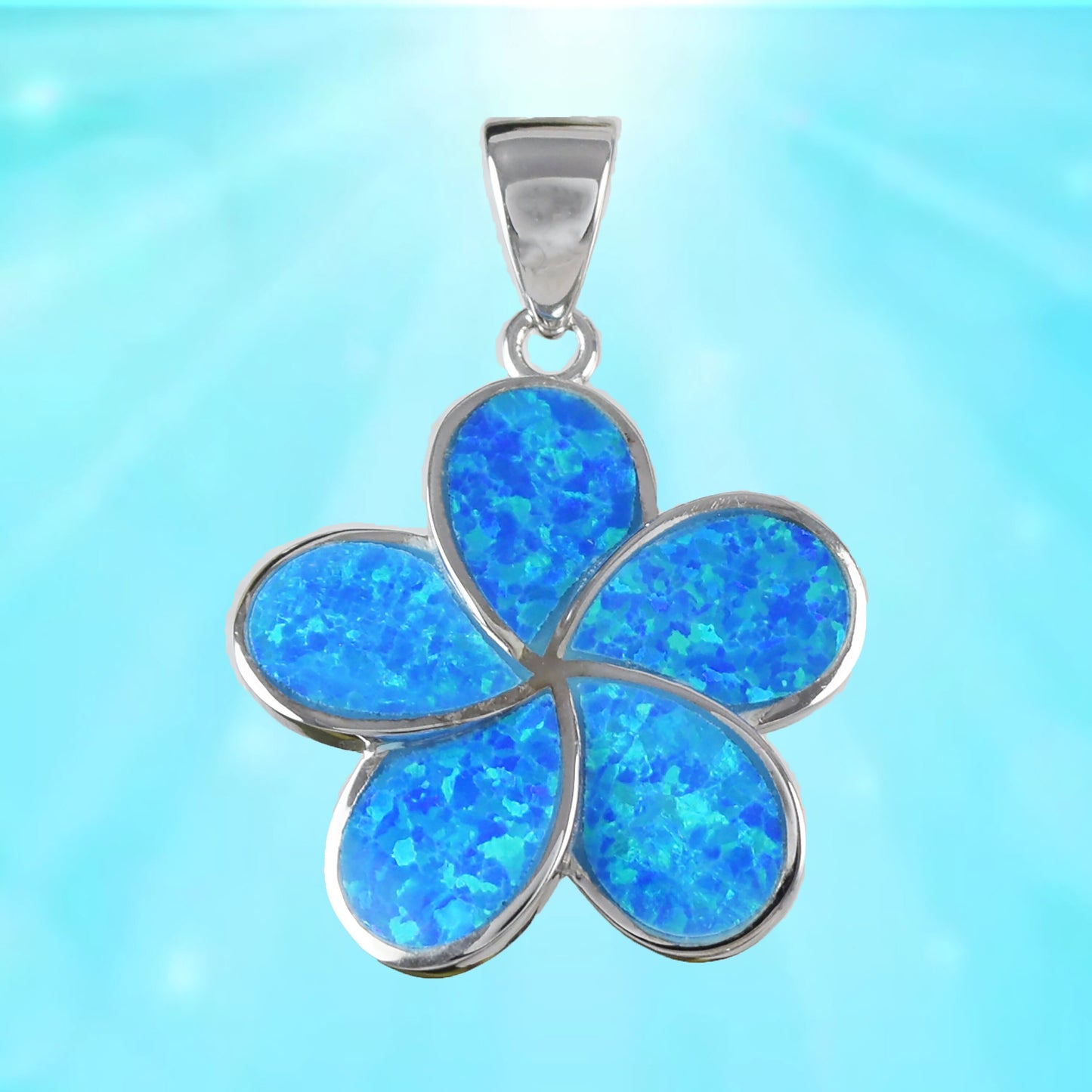 Hawaiian Large Blue Opal Plumeria Pendant, Sterling Silver Blue Opal Inlay Plumeria Pendant, Christmas Mom Birthday Gift