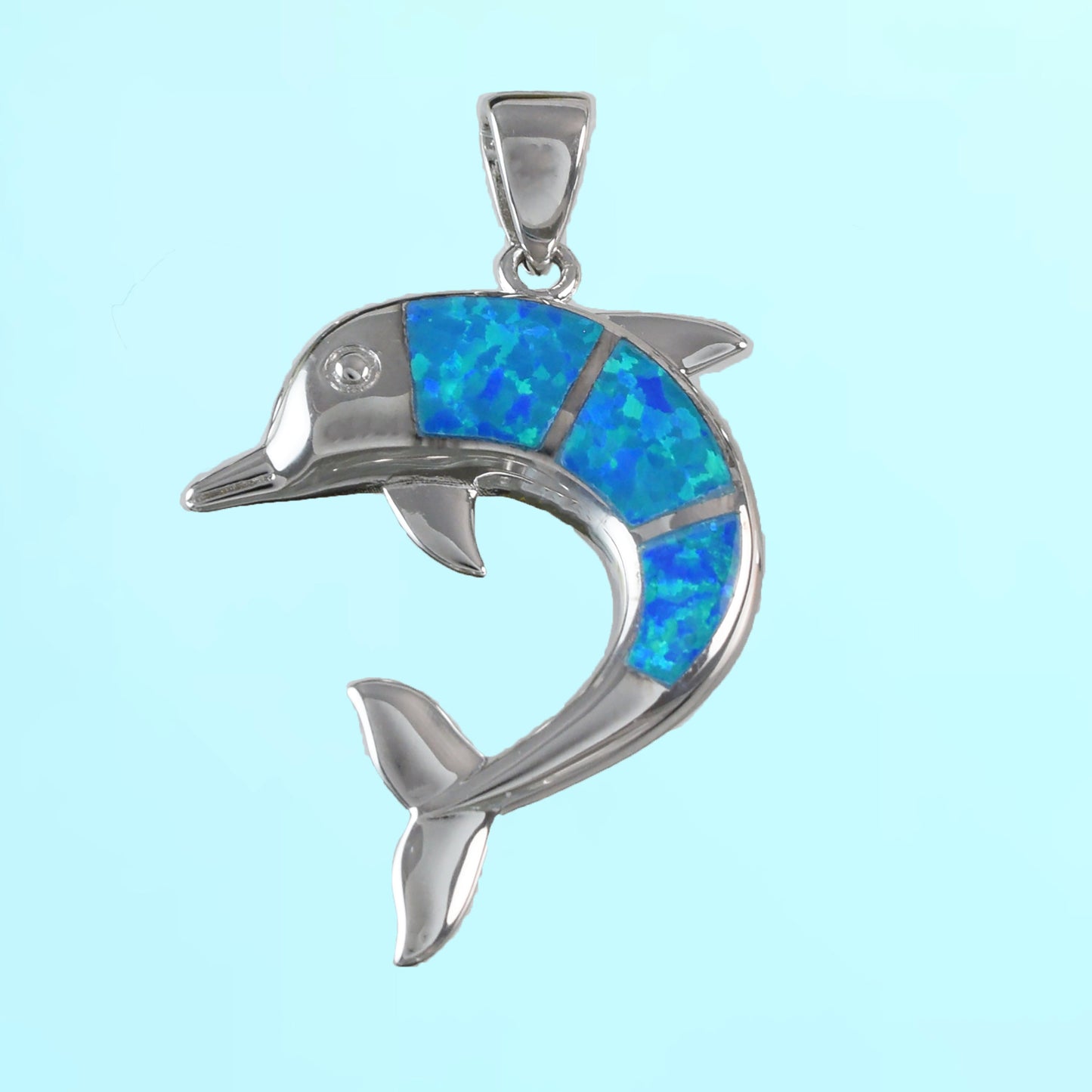 Hawaiian Large Blue Opal Dolphin Pendant, Sterling Silver Blue Opal Inlay Dolphin Pendant, Christmas Mom Anniversary Birthday Gift