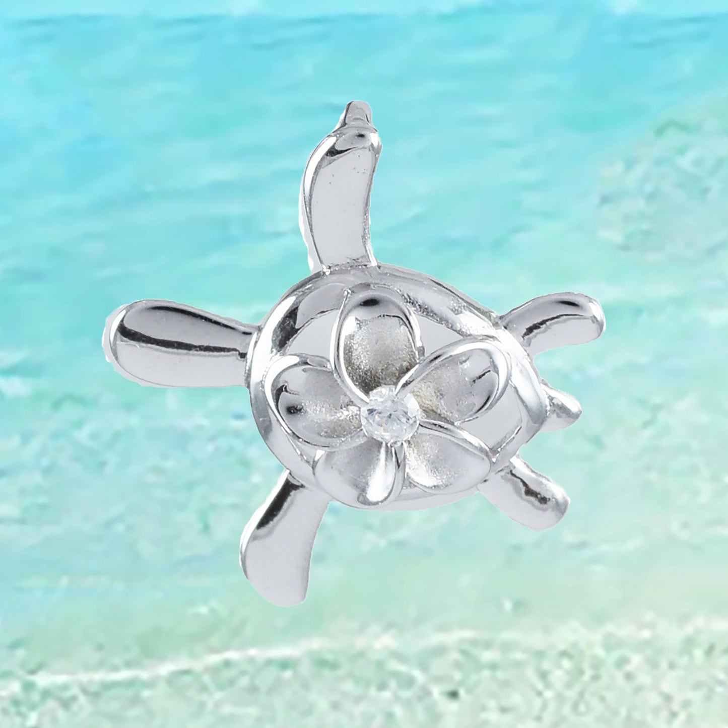Hawaiian Sea Turtle Plumeria Pendant, Sterling Silver Turtle Plumeria CZ Pendant, Christmas Anniversary Birthday Gift