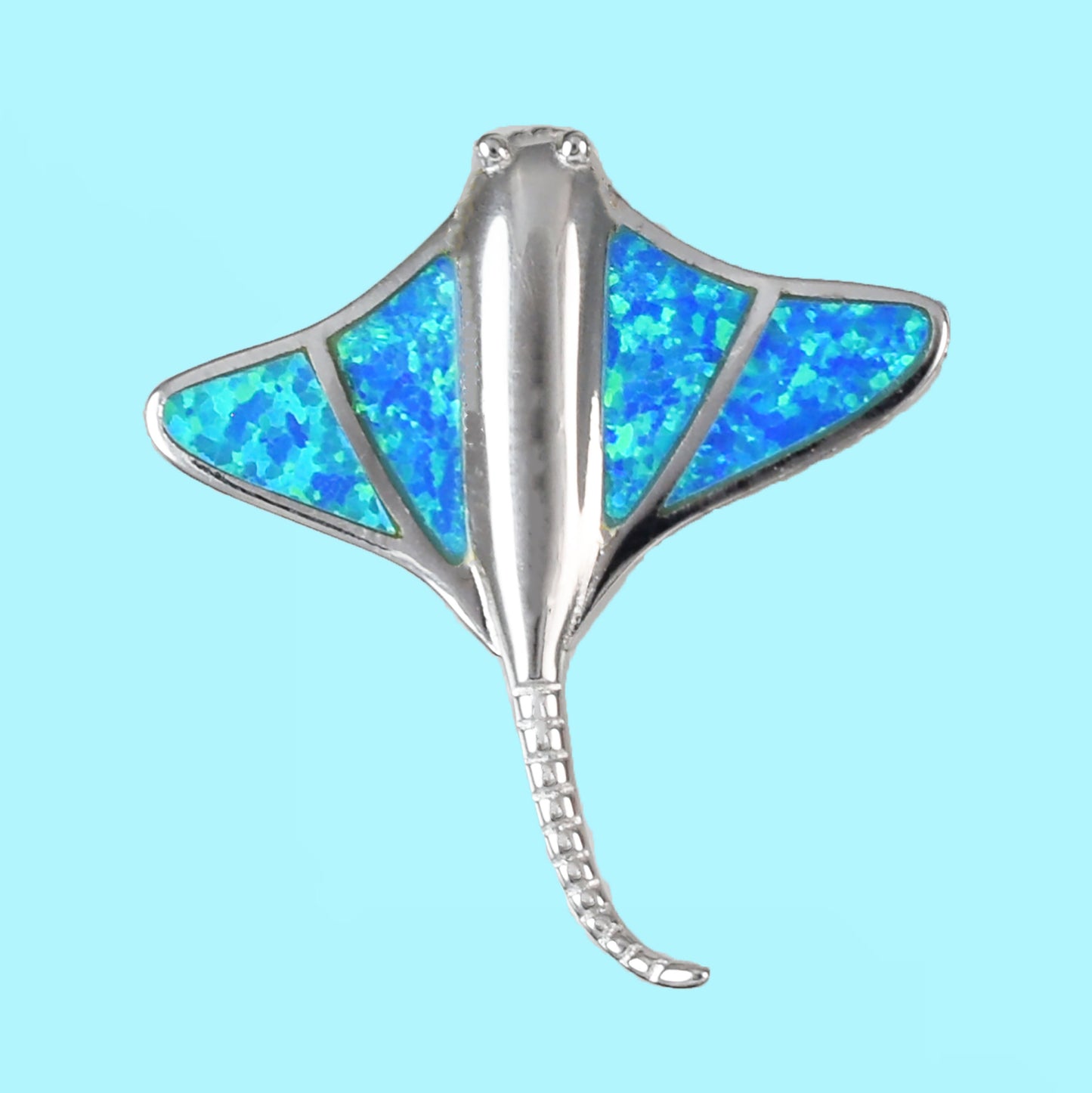 Hawaiian Large Blue Opal Stingray Pendant, Sterling Silver Blue Opal Sting Ray Pendant, Christmas Anniversary Birthday Gift