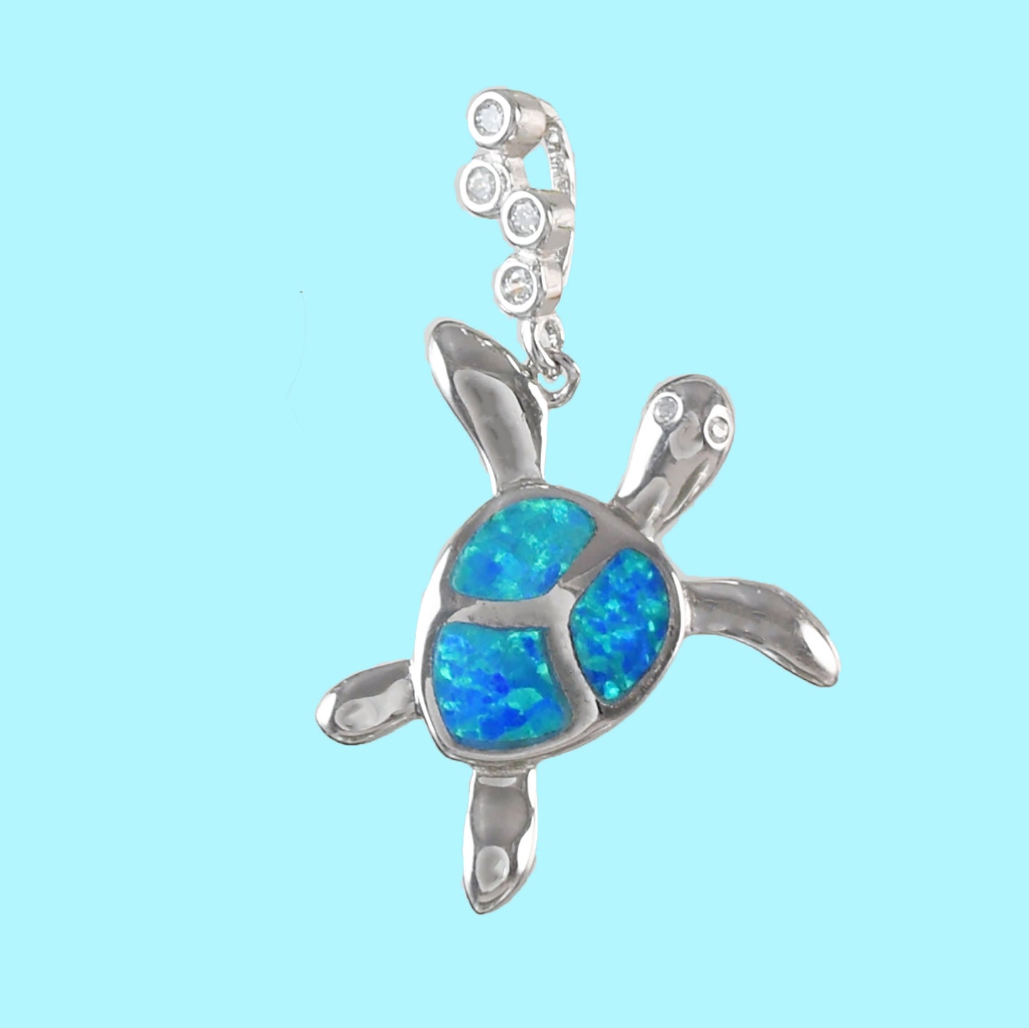 Hawaiian Blue Opal Sea Turtle Pendant, Sterling Silver Blue Opal Inlay Sea Turtle CZ Pendant, Christmas Mom Birthday Gift