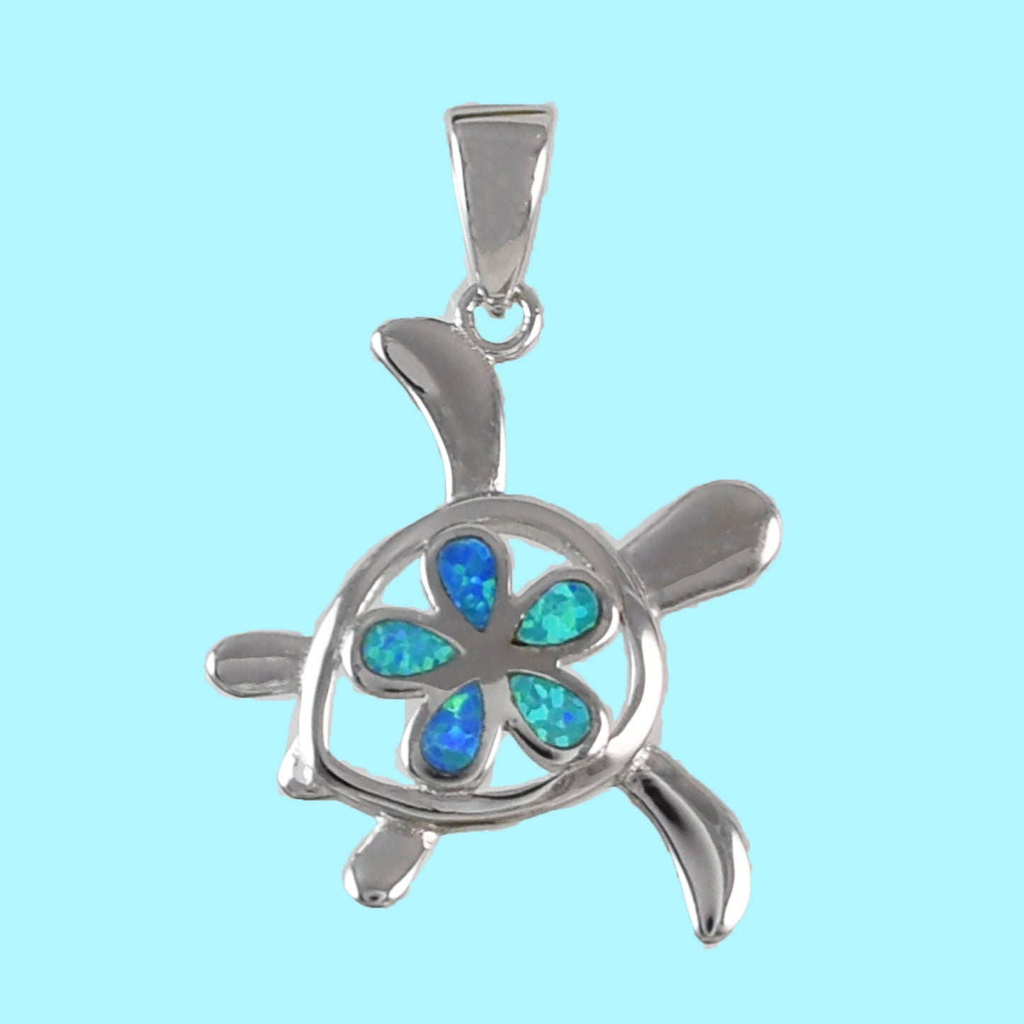 Hawaiian Blue Opal Plumeria Turtle Pendant, Sterling Silver Turtle Blue Opal Plumeria Pendant, Christmas Mom Birthday Gift