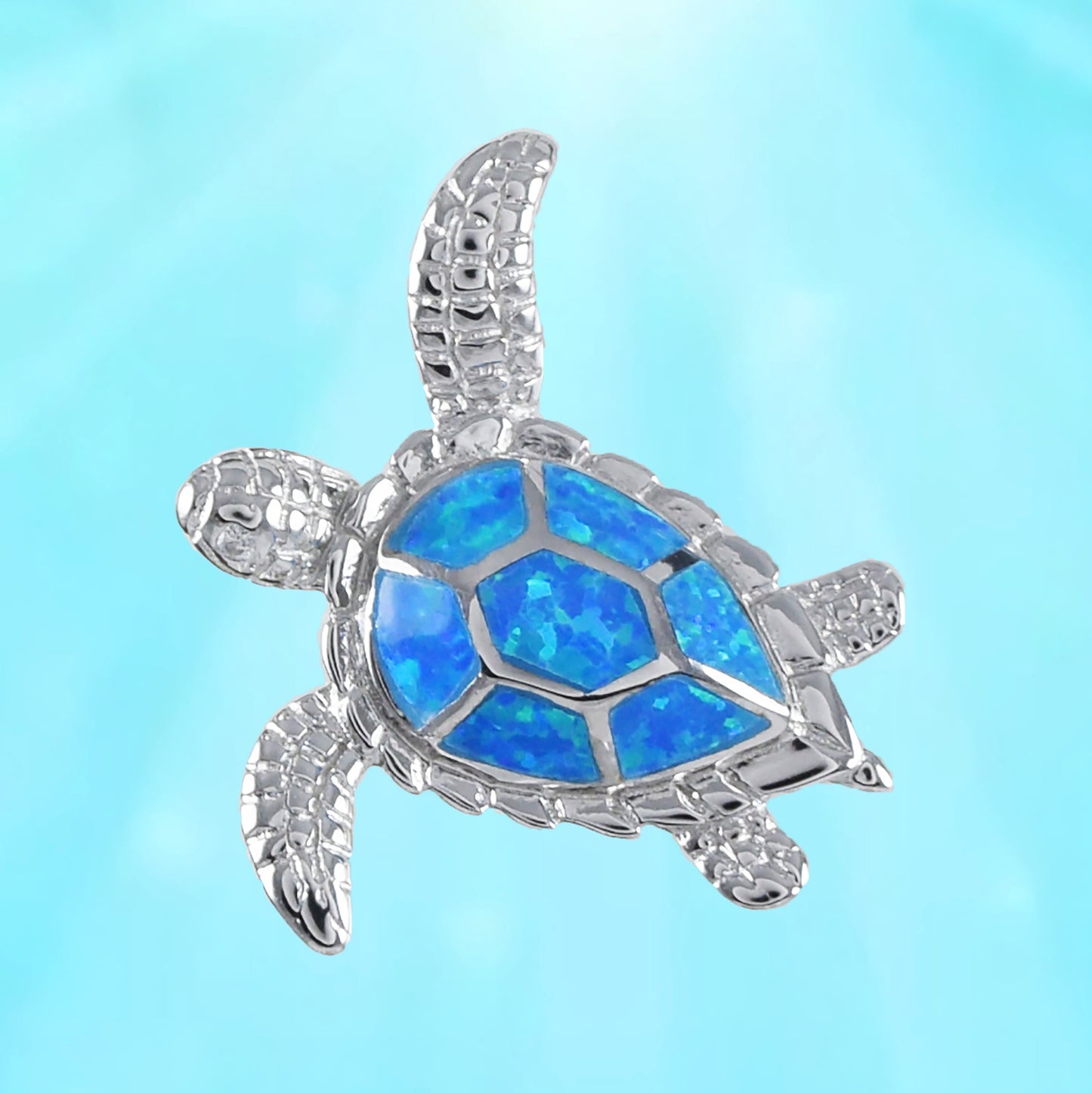 Hawaiian Blue Opal Sea Turtle Pendant, Sterling Silver Blue Opal Inlay Sea Turtle Pendant, Christmas Present, Birthday Gift