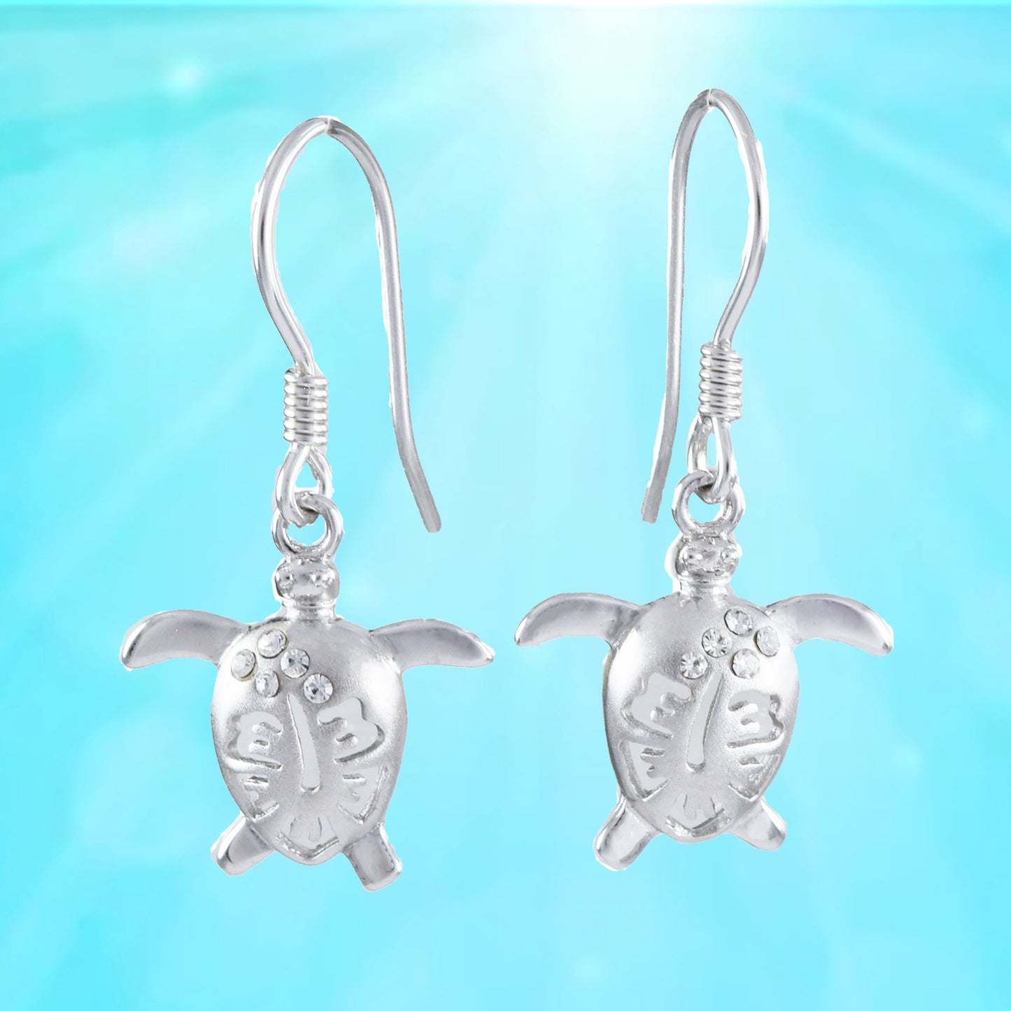 Hawaiian Hibiscus Sea Turtle Earrings, Sterling Silver Turtle Hibiscus CZ Dangle Earrings, Christmas Mom Birthday Gift