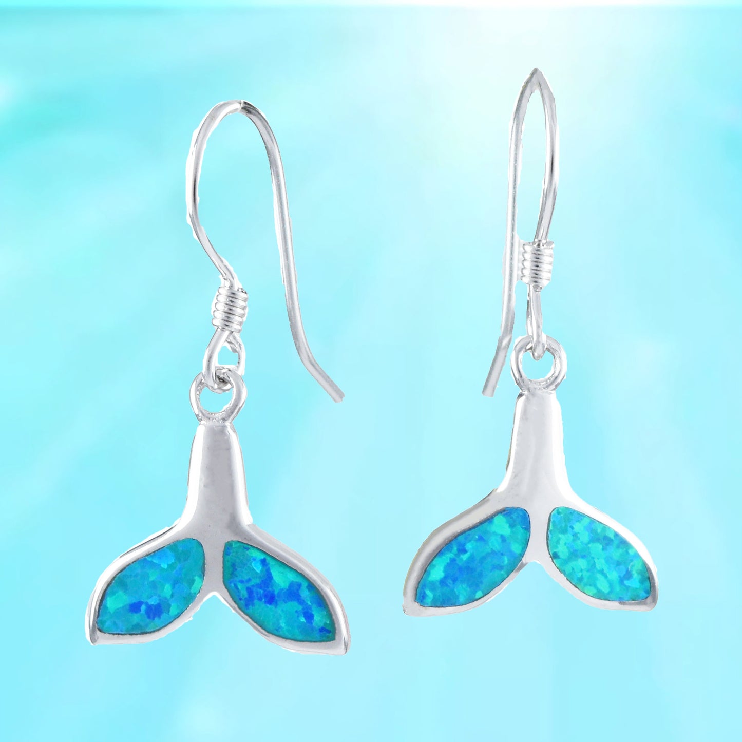 Hawaiian Blue Opal Dolphin Tail Earrings, Sterling Silver Blue Opal Dolphin Tail Dangle Earrings, Christmas Mom Birthday Gift