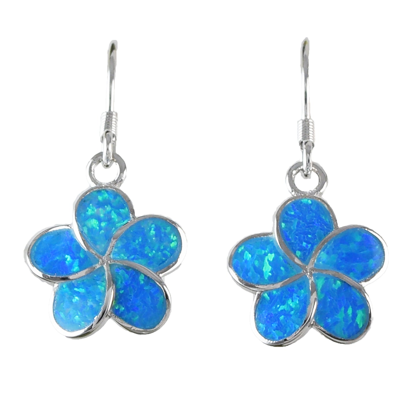 Hawaiian Blue Opal Plumeria Earrings, Sterling Silver Blue Opal Inlay Plumeria Dangle Earrings, Christmas Present Birthday Gift