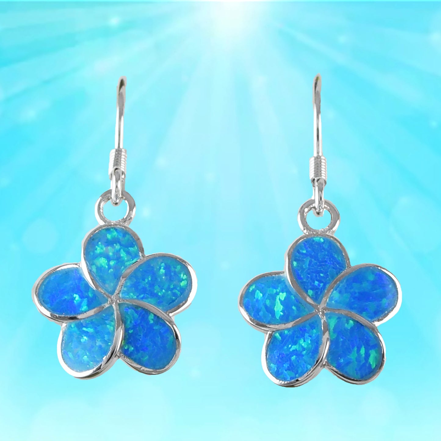 Hawaiian Blue Opal Plumeria Earrings, Sterling Silver Blue Opal Inlay Plumeria Dangle Earrings, Christmas Present Birthday Gift