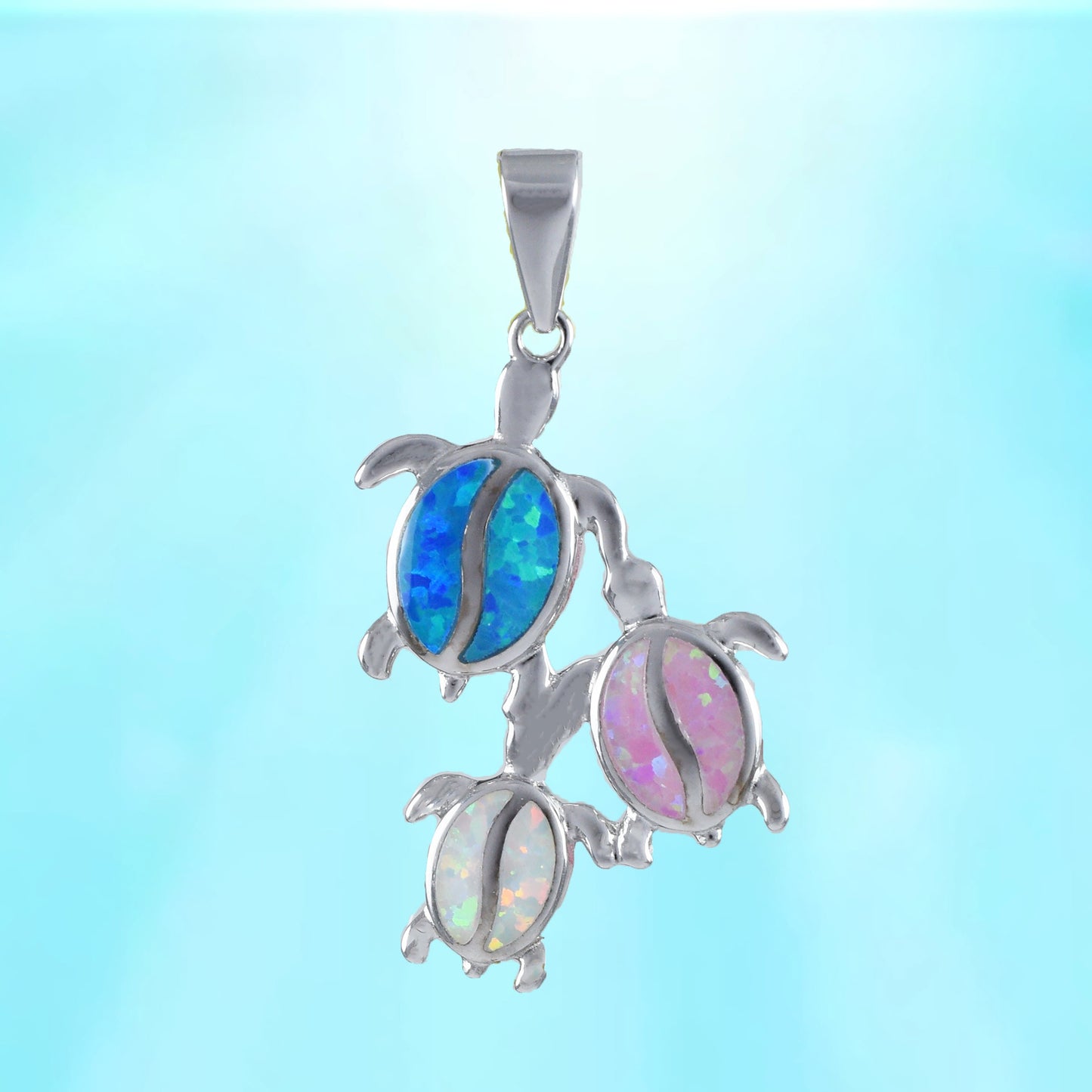 Hawaiian Mom and 2 Small Blue Pink White Opal Sea Turtle Pendant, Sterling Silver Opal Sea Turtle Pendant, Christmas Birthday Mom Gift