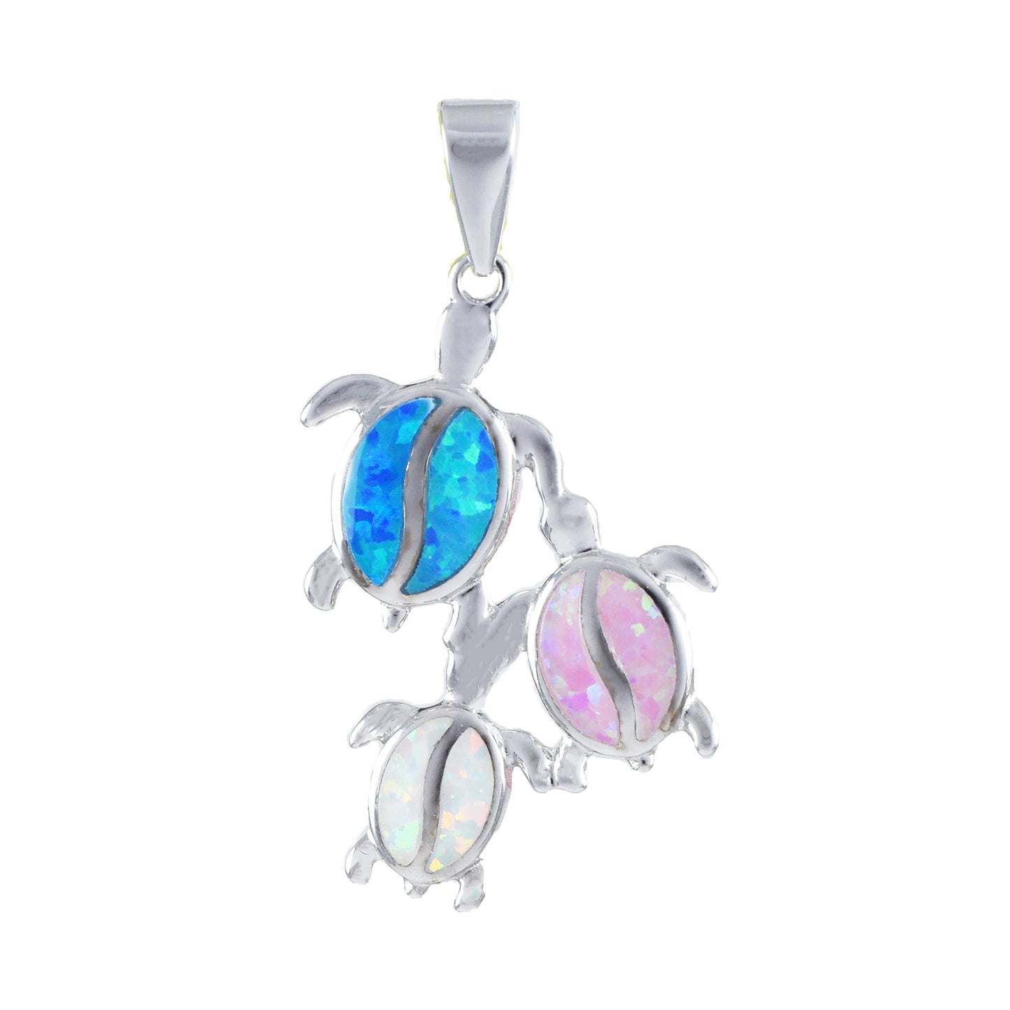 Hawaiian Mom and 2 Small Blue Pink White Opal Sea Turtle Pendant, Sterling Silver Opal Sea Turtle Pendant, Christmas Birthday Mom Gift