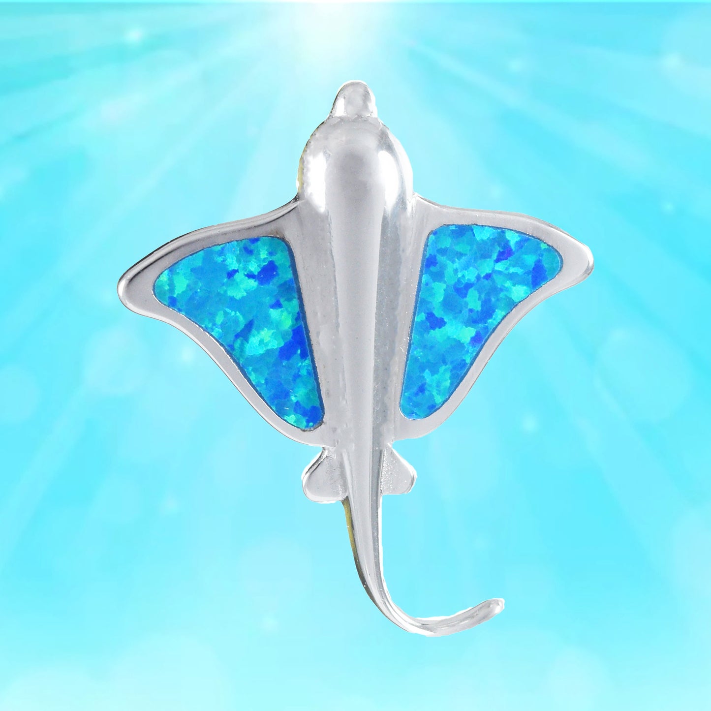 Hawaiian Blue Opal Stingray Pendant, Sterling Silver Blue Opal Sting Ray Pendant, Christmas Anniversary Birthday Gift