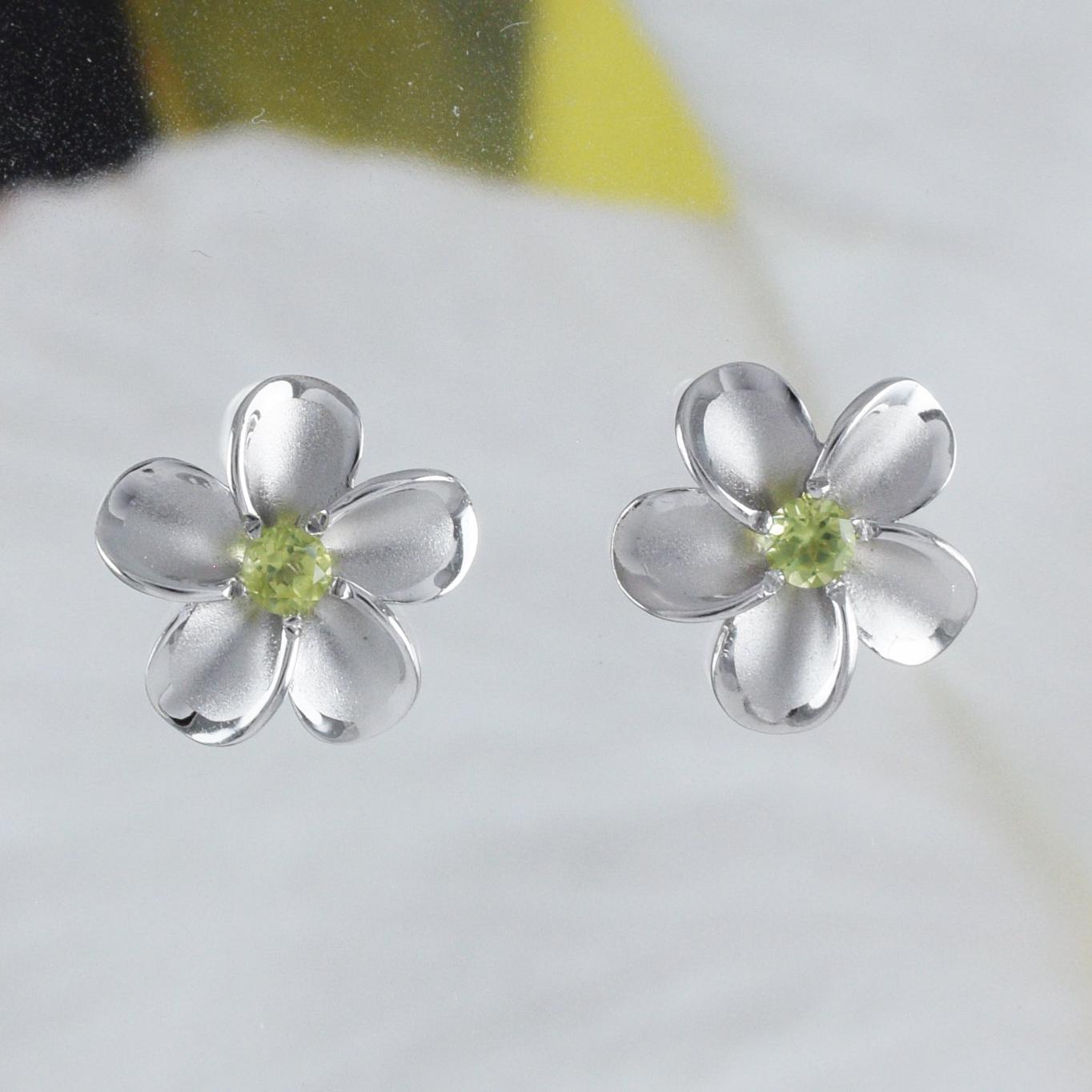 Hawaiian Genuine Peridot Plumeria Earring, Sterling Silver Peridot Plumeria Flower Stud Earring, E8889 Birthday Mom Mother Gift