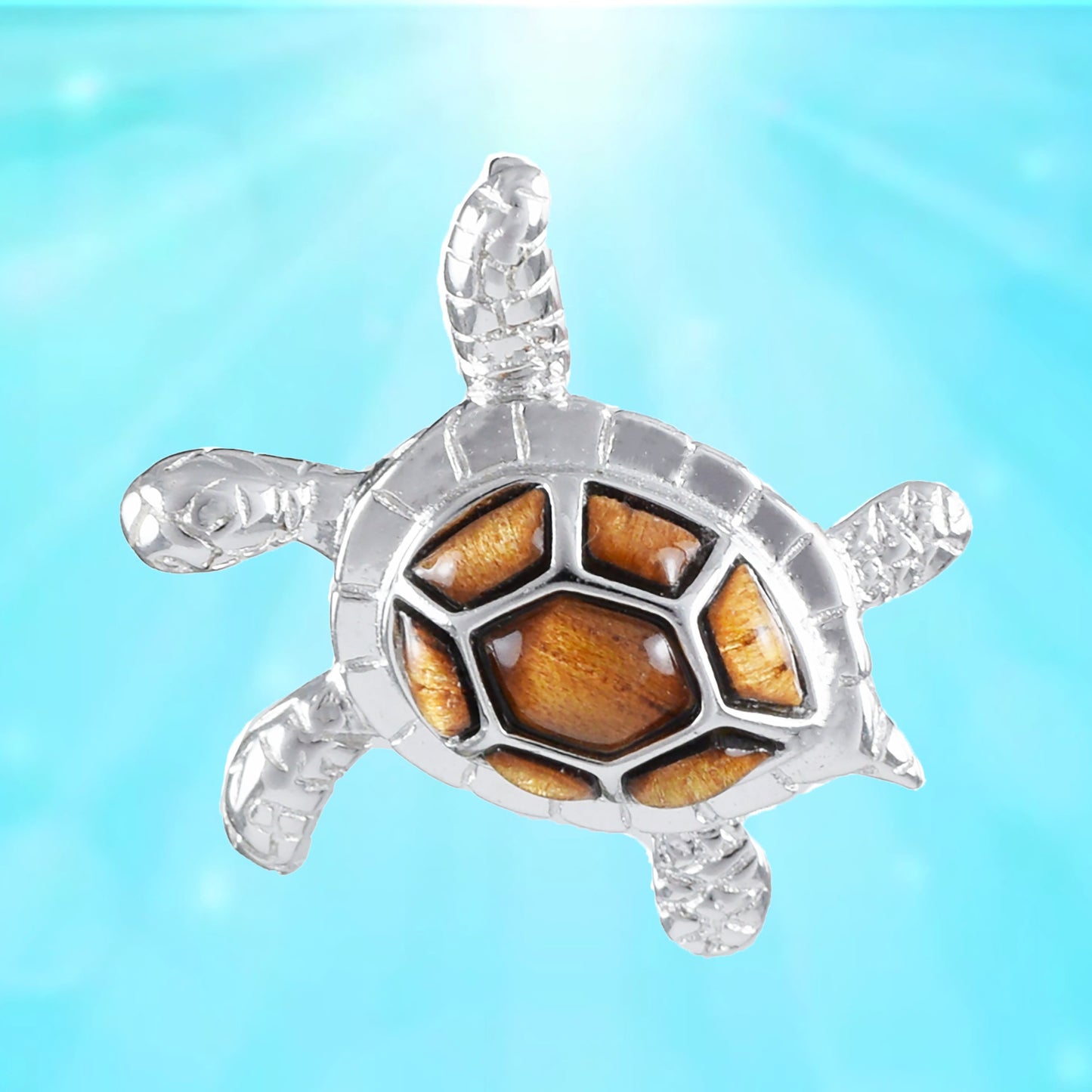 Hawaiian Genuine Koa Wood Sea Turtle Pendant, Sterling Silver Koa Wood Inlay Sea Turtle Pendant, Mom Christmas Birthday Gift