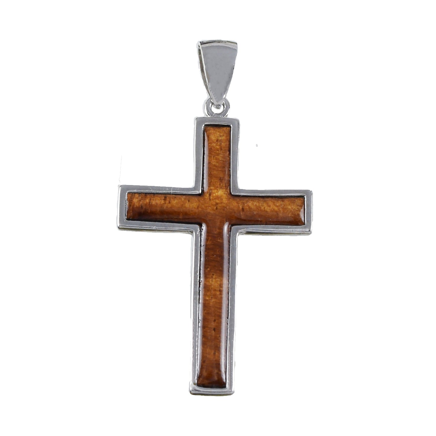 Hawaiian X-Large Genuine Koa Wood Cross Pendant, Sterling Silver Koa Wood Inlay Cross Pendant, Christmas Anniversary Birthday Gift