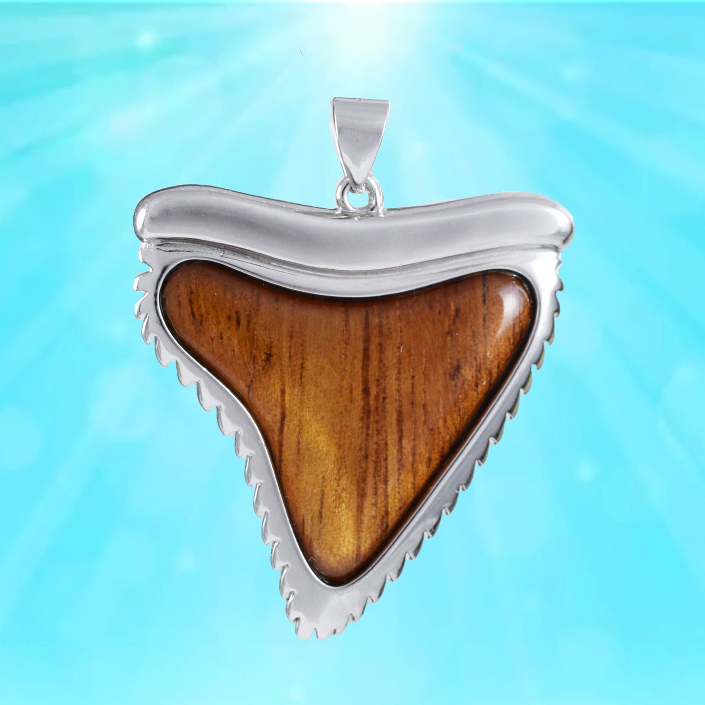 Hawaiian X-Large Genuine Koa Wood Shark Teeth Pendant, Sterling Silver Shark Teeth Pendant, Christmas Anniversary Mom Birthday Gift