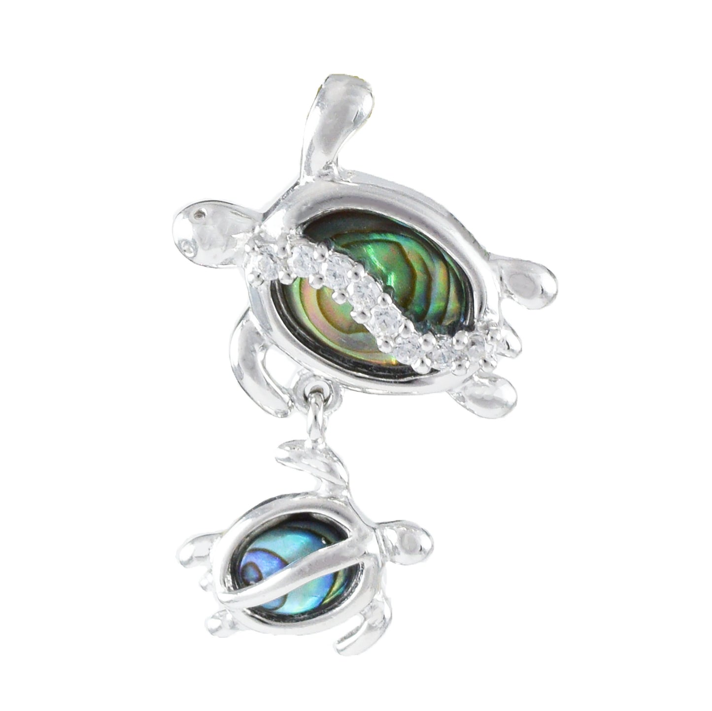 Hawaiian Genuine Paua Shell Mom & Small Sea Turtle Pendant, Sterling Silver Abalone MOP Sea Turtle CZ Pendant, Christmas Birthday Gift