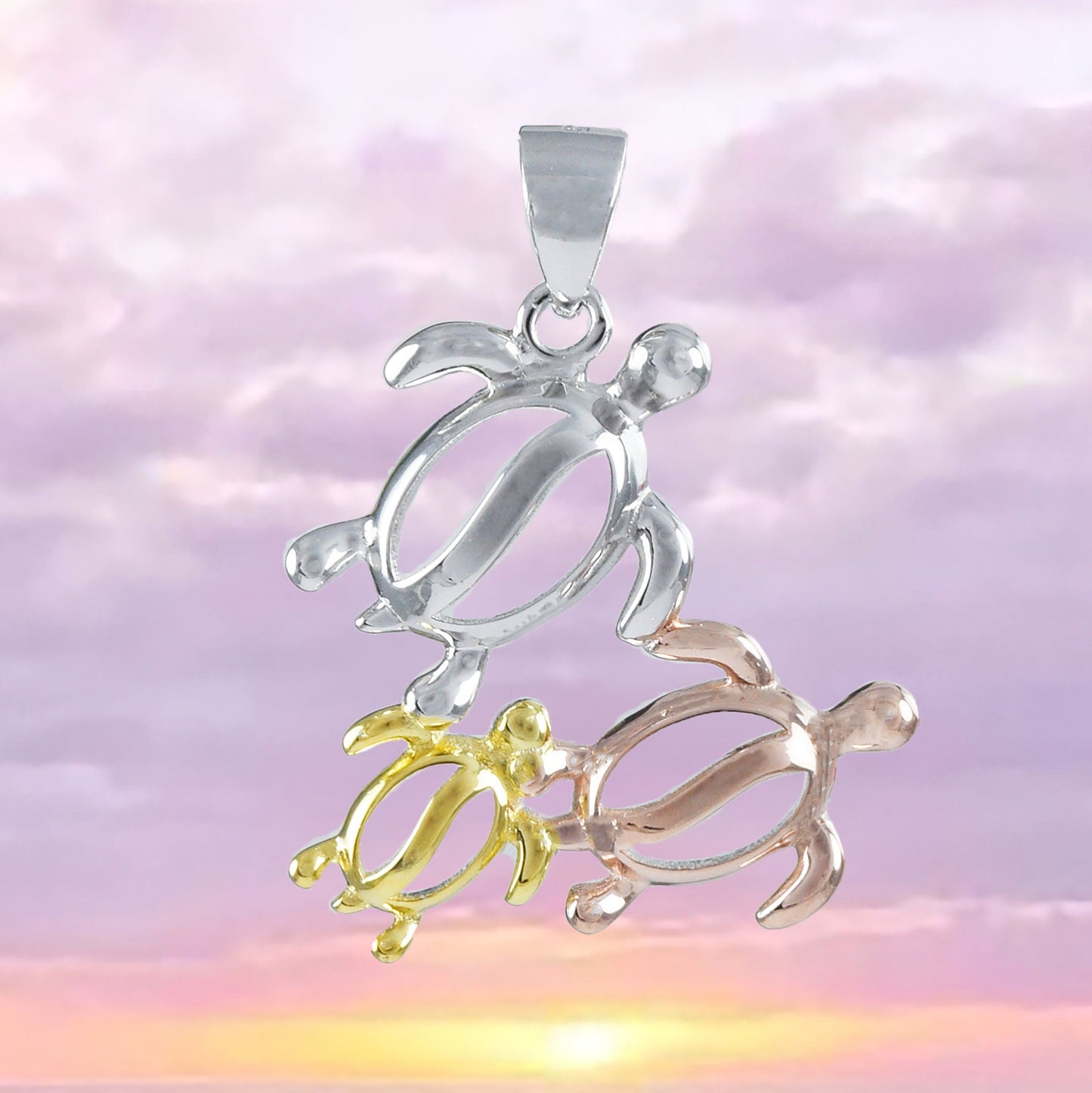 Hawaiian Tri-color Mom & 2 Baby Sea Turtle Pendant, Sterling Silver Tri-color 3 Turtle Pendant, N8549 Birthday Mother Mom Gift