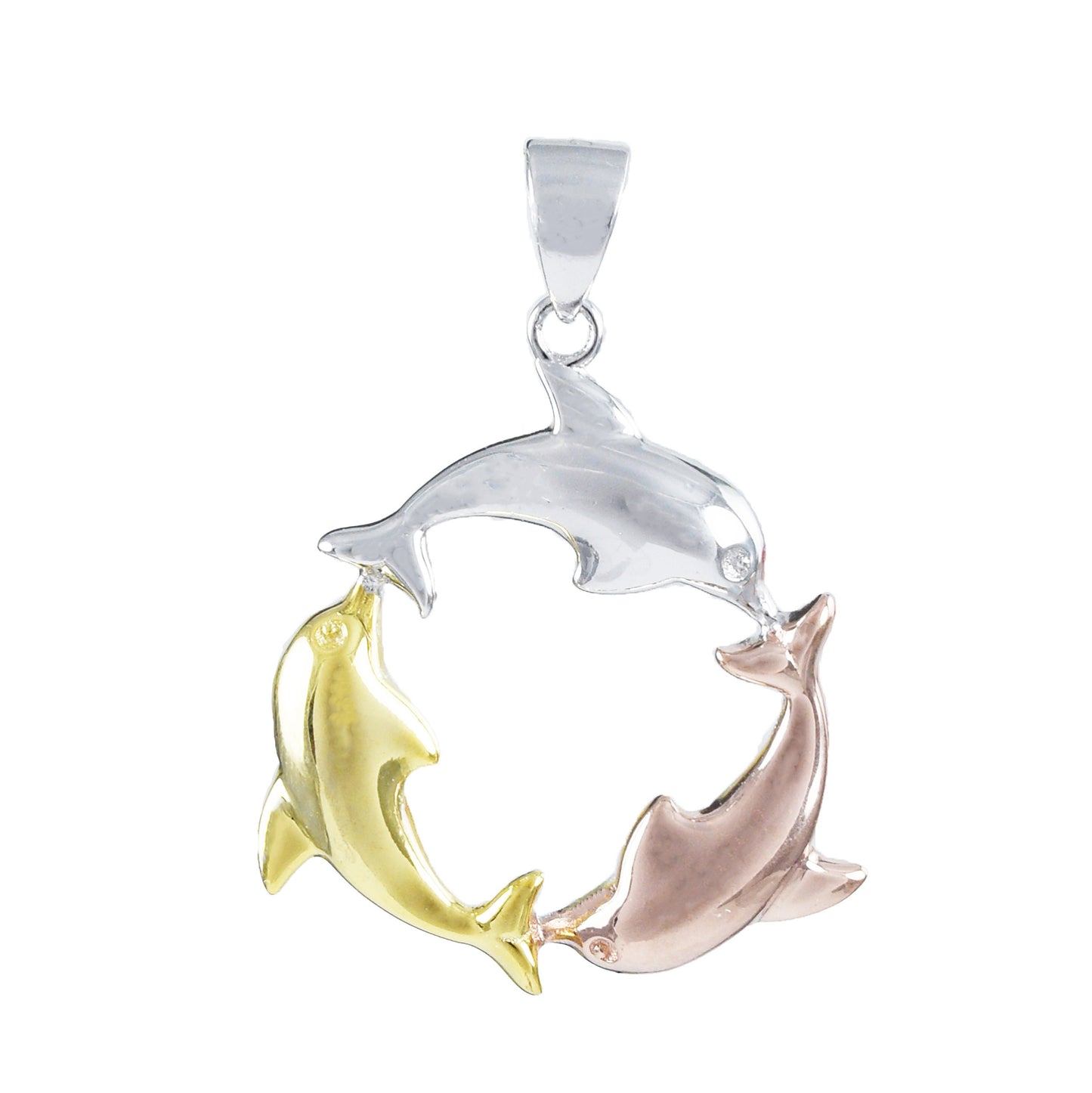 Hawaiian Tri-color 3 Dolphin Pendant, Sterling Silver 3-Tone Dolphin Charm Pendant, Christmas Anniversary Birthday Mom Gift