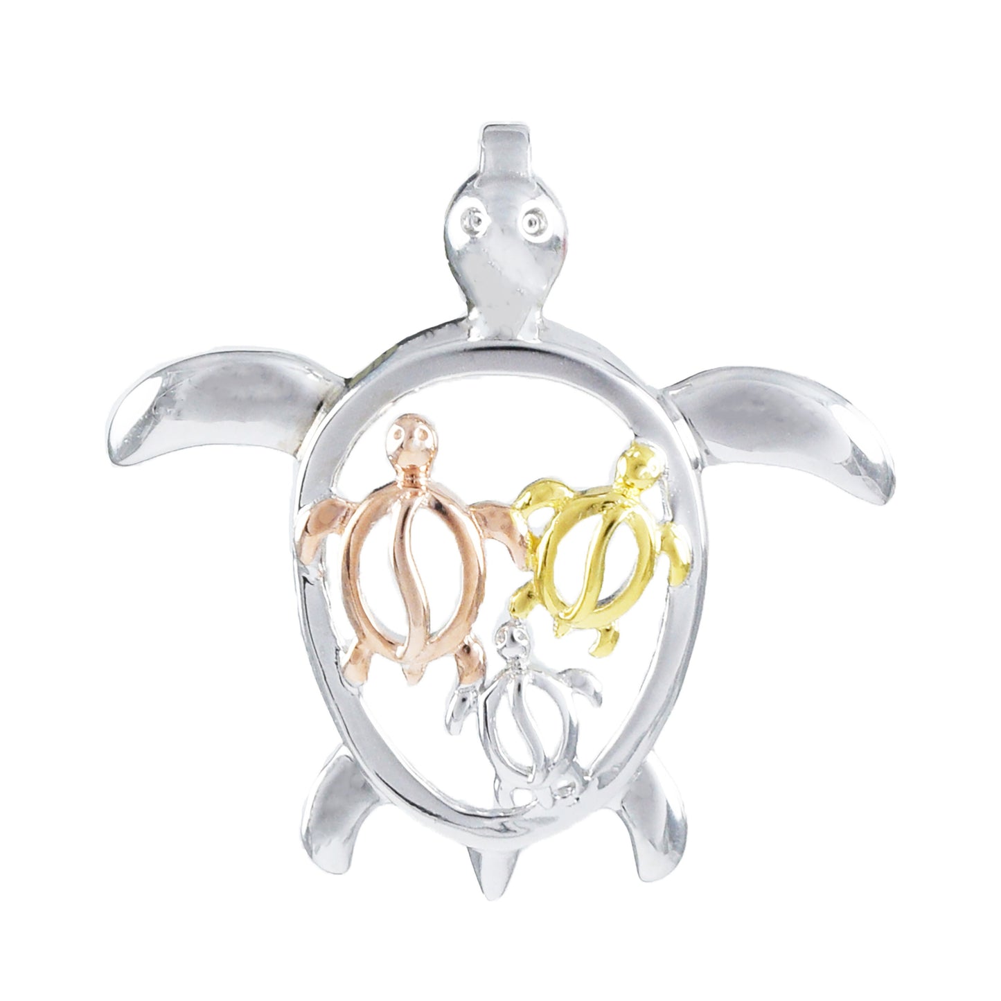 Hawaiian Tri-color Mom & 3 Small Sea Turtle Family Pendant, Sterling Silver Turtle Petroglyph Pendant, Christmas Anniversary Birthday Gift