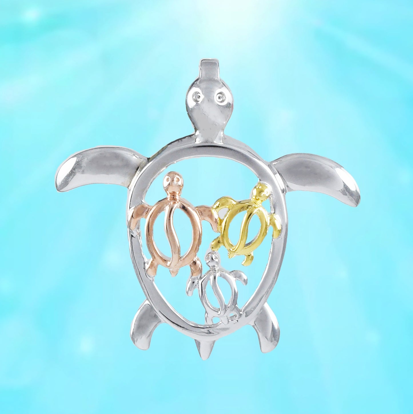 Hawaiian Tri-color Mom & 3 Small Sea Turtle Family Pendant, Sterling Silver Turtle Petroglyph Pendant, Christmas Anniversary Birthday Gift