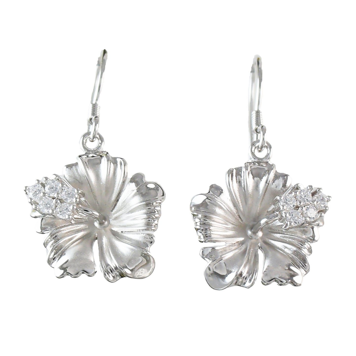 Hawaiian State Flower Hibiscus Earrings, Sterling Silver Hibiscus CZ Dangle Earrings, Christmas Anniversary Birthday Gift