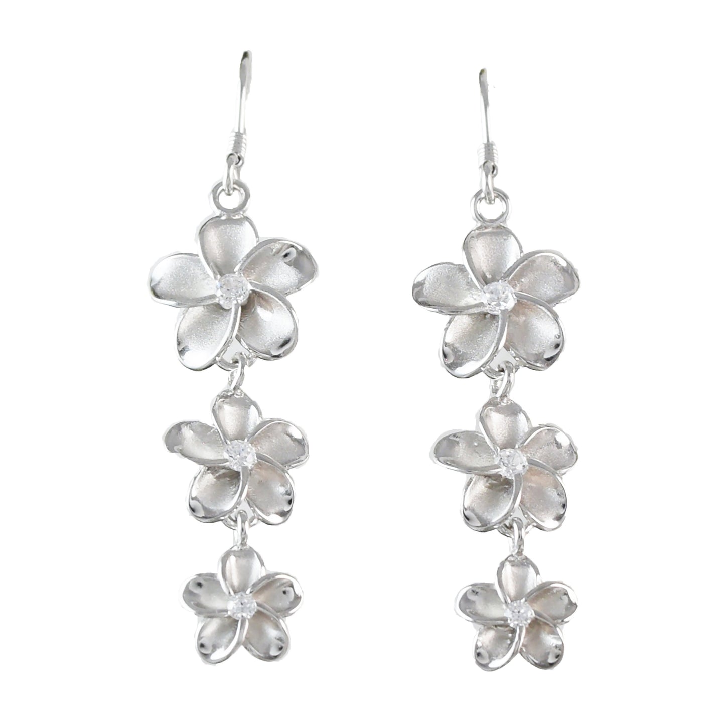 Hawaiian Large 3 Plumeria Earrings, Sterling Silver 3 Plumeria CZ Dangle Earrings, Hawaiian Jewelry, Christmas Present, Birthday Gift