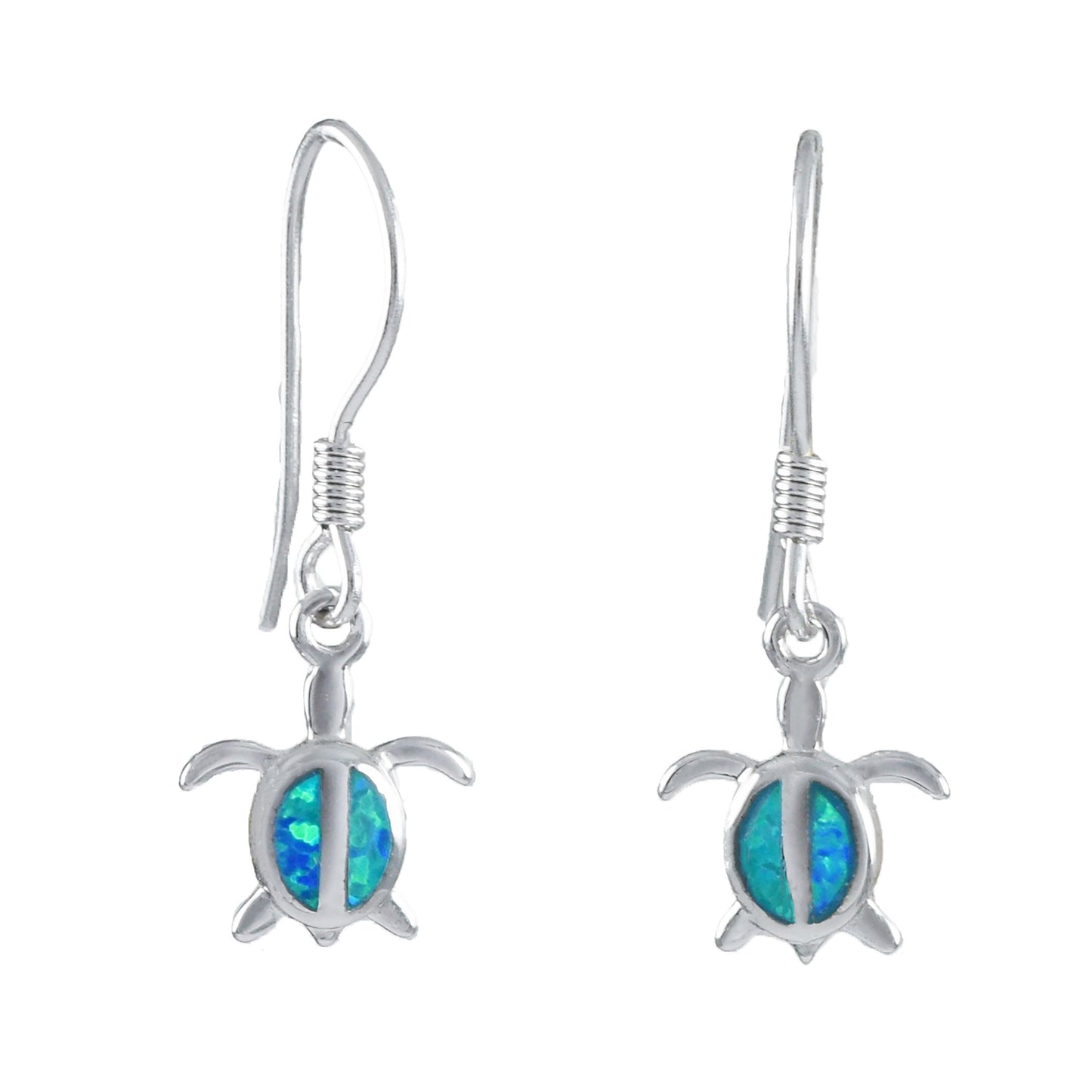 Hawaiian Small Blue Opal Sea Turtle Earrings, Sterling Silver Blue Opal Inlay Turtle Dangle Earrings, Christmas Birthday Gift