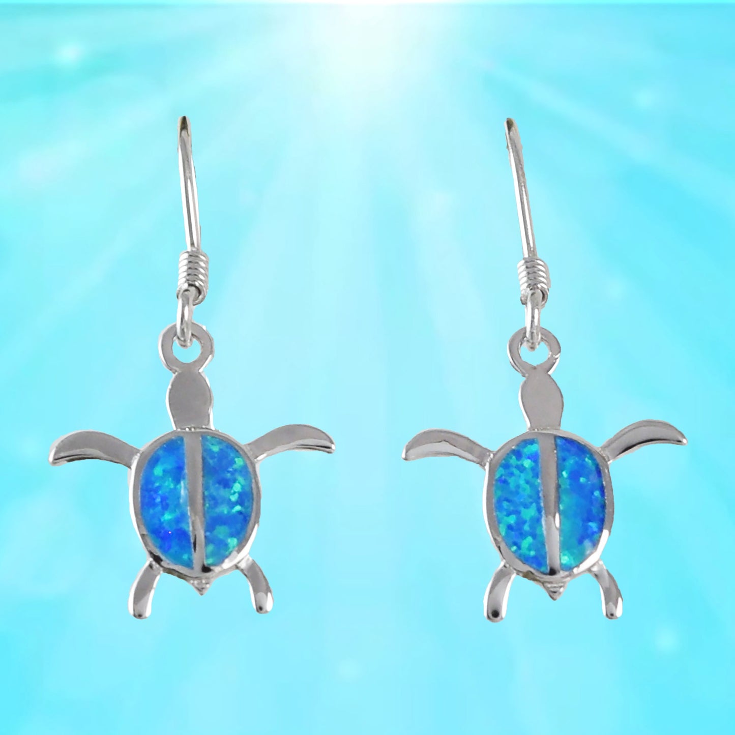 Hawaiian Blue Opal Sea Turtle Earrings, Sterling Silver Blue Opal Sea Turtle Dangle Earrings, Christmas Present Birthday Gift