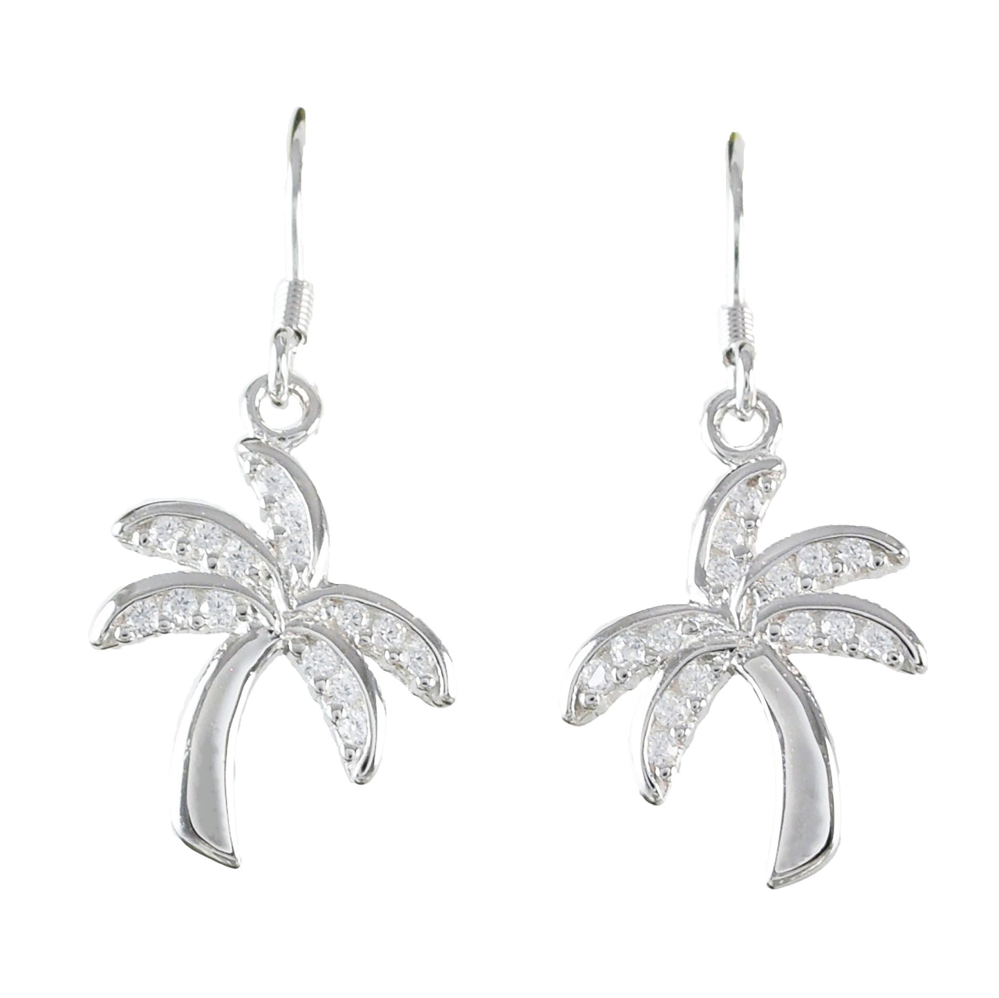 Hawaiian Palm Tree Earrings, Sterling Silver Palm Tree W. CZ Dangle Earrings, W54022, Hawaiian Jewelry Christmas Present, Birthday Gift