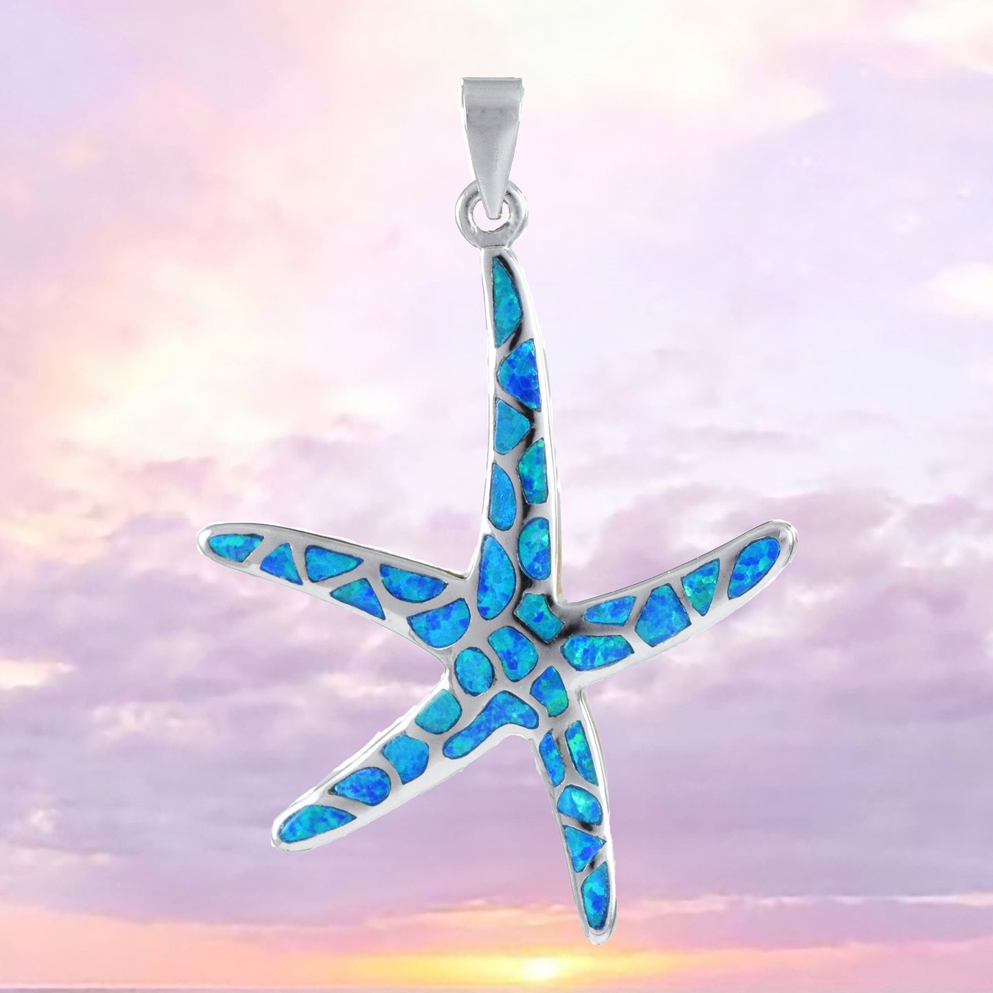 X-Large Hawaiian Blue Opal Starfish Pendant, Sterling Silver Blue Opal Star Fish Pendant, N8376 Birthday Mom Gift, Statement PC