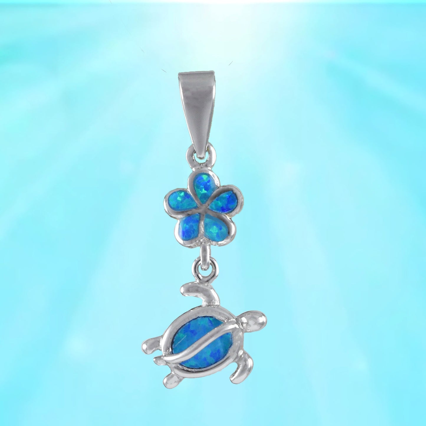 Hawaiian Blue Opal Plumeria Sea Turtle Pendant, Sterling Silver Turtle Plumeria Pendant, Christmas Mom Birthday Gift