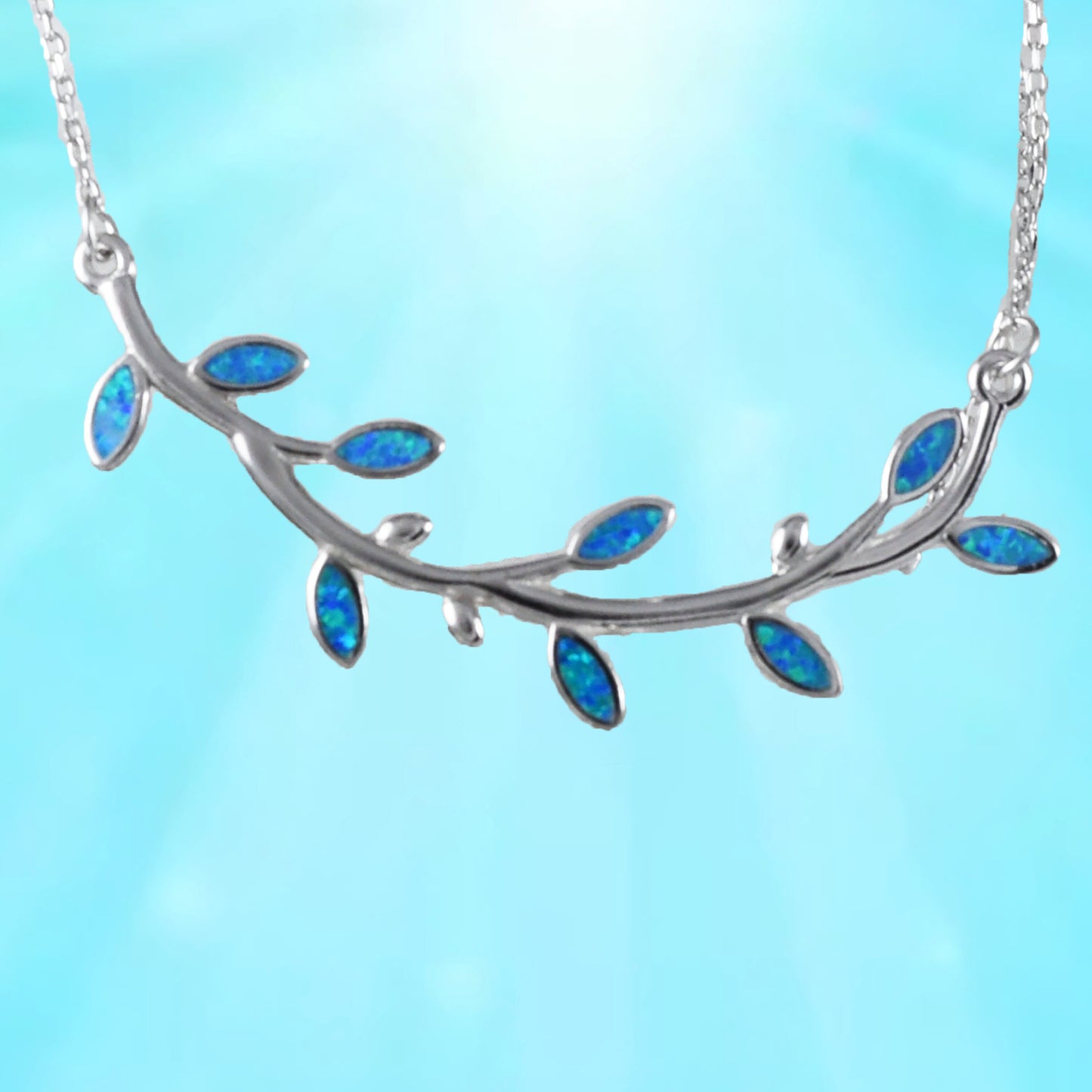 Hawaiian Blue Opal Maile Leaf Necklace, Sterling Silver Blue Opal Maile Leaf Necklace, Christmas Anniversary Birthday Mom Gift
