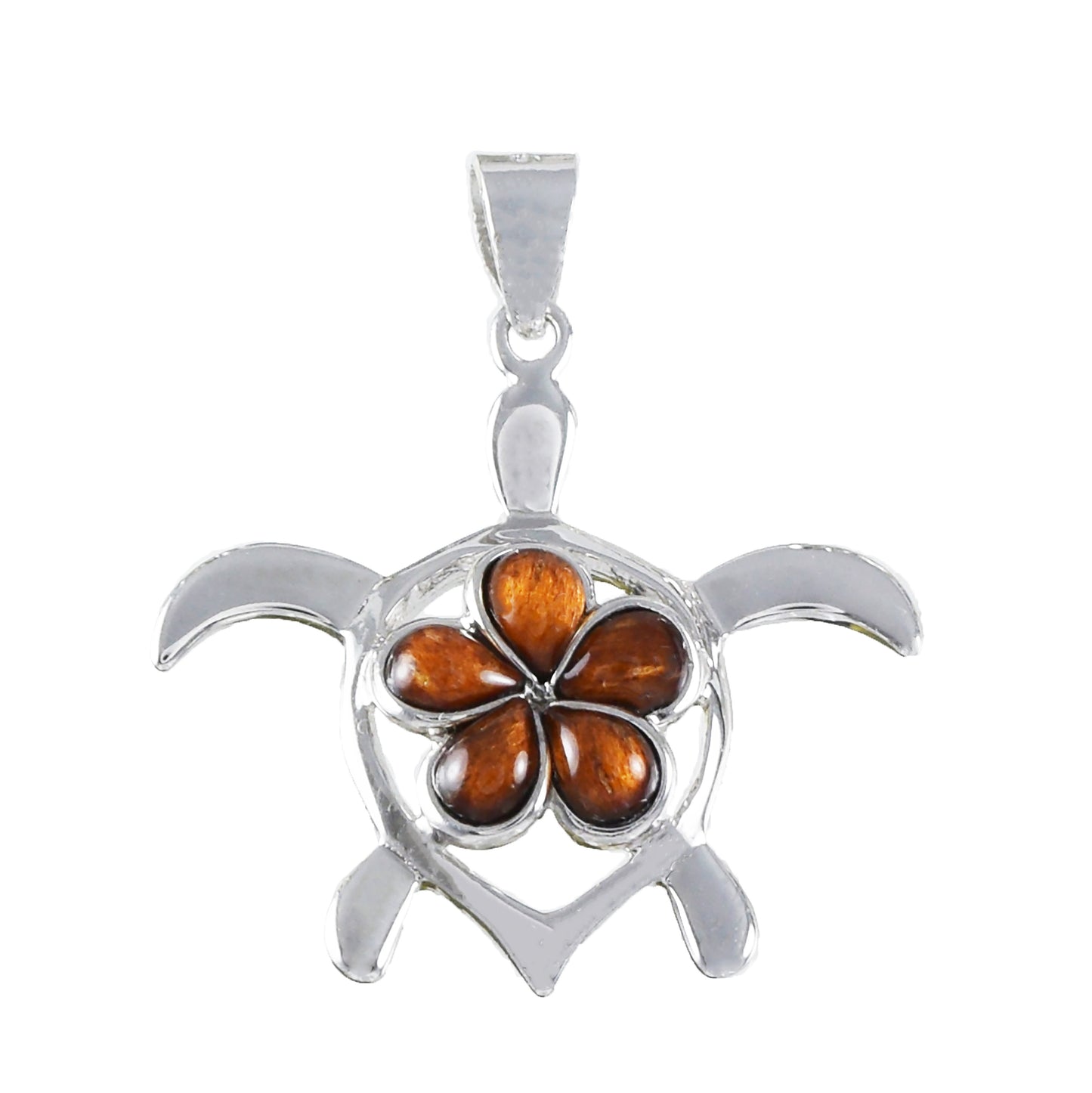 Hawaiian Large Genuine Koa Wood Plumeria Sea Turtle Pendant, Sterling Silver Koa Wood Inlay Sea Turtle Pendant, Christmas Birthday Gift